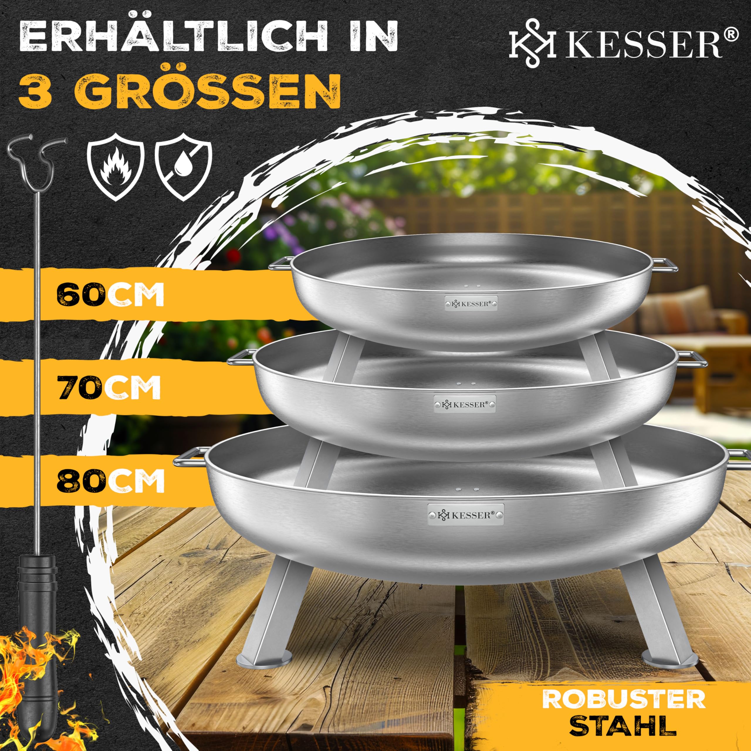 KESSER Feuerschale 2,5mm Stahldicke Ø80cm legierter Stahl Feuerkorb mit Feuerhaken Gusseisen für Garten Terrasse