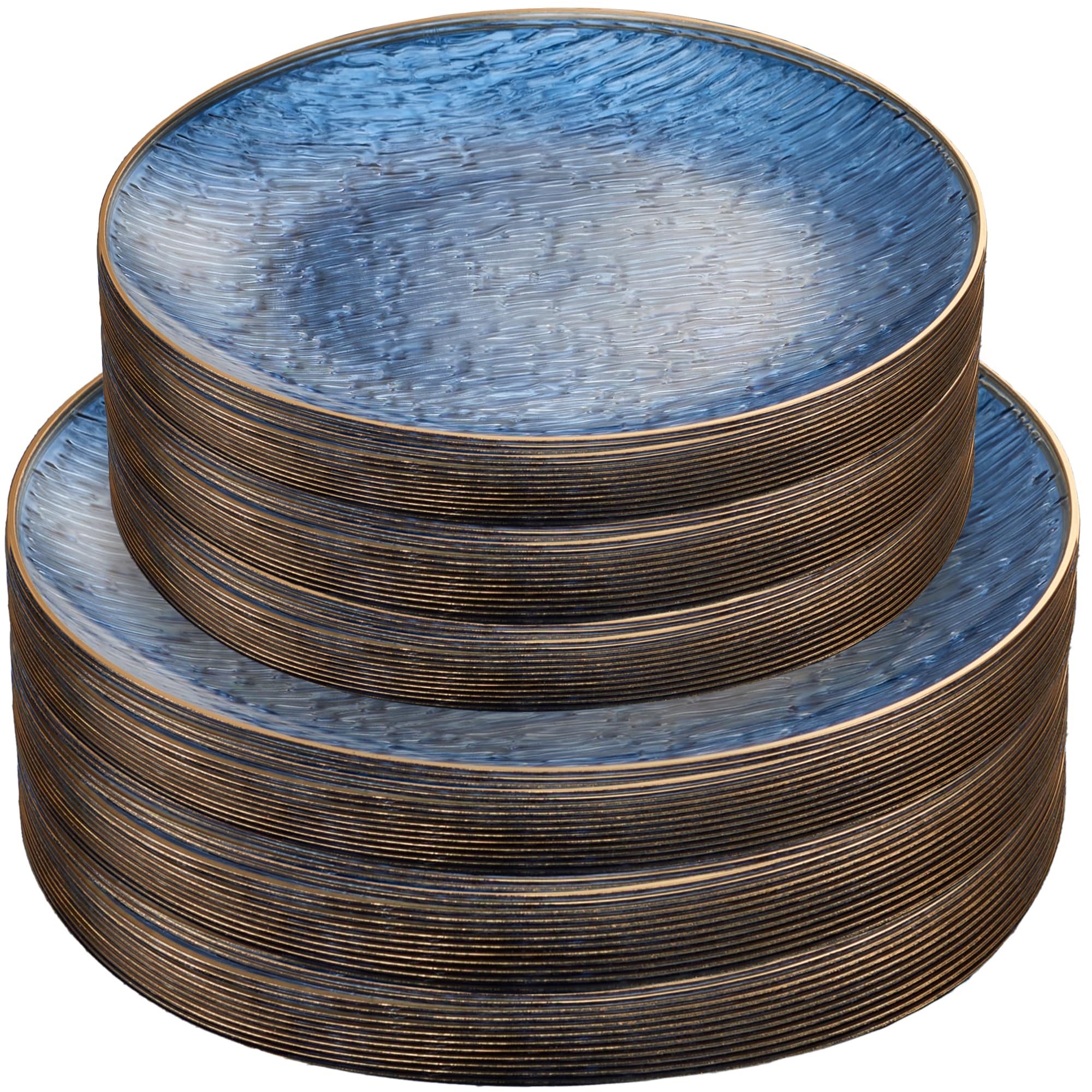 PLASTICPRO 96 Pieces Elegant Plastic Plates for Party Blue with Gold Rim Includes 7" inch and 10" inch Fancy Plastic Plates Disposable Dinnerware
