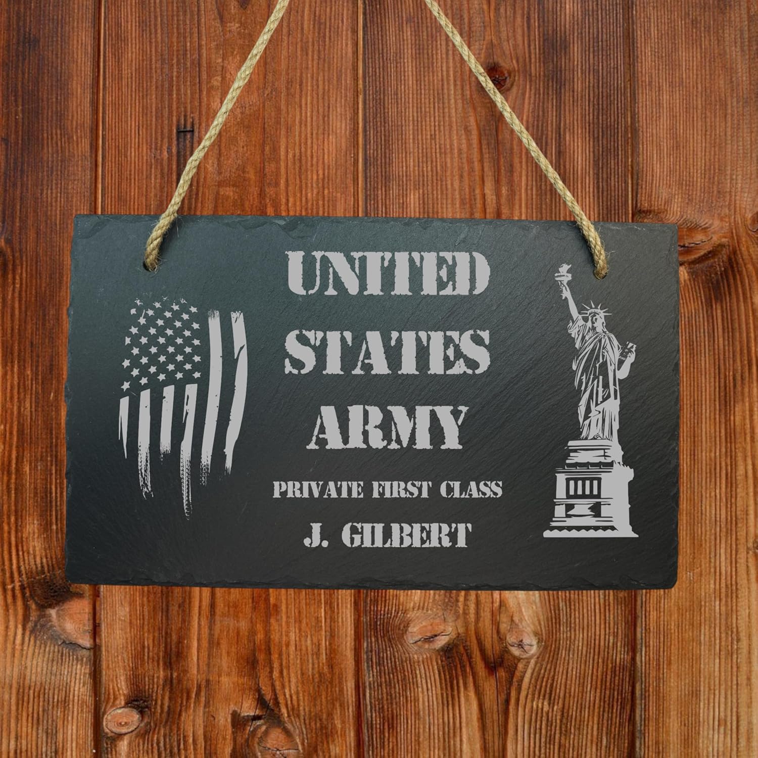 UNITED STATE MILITARY GIFT ITEMS - PERSONALIZED - CUSTOM (Slate Sign - 11x7 inches with String)