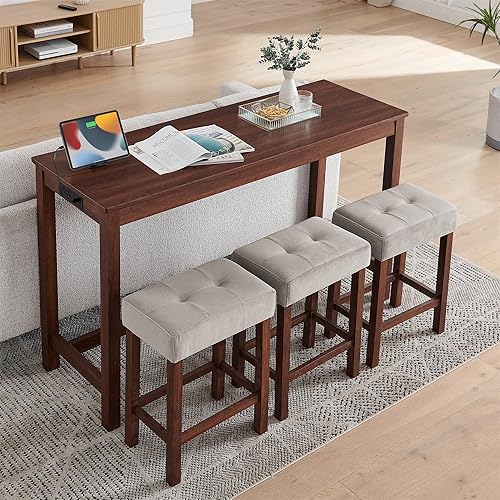 Miniatura 2 de 59 Inch Bar Table, Dining Table, Sofa Table with Power Outlet, 3 Upholstered Stools, 4 Bar Table and Chair Set for Living Room, Dining Room, Kitchen