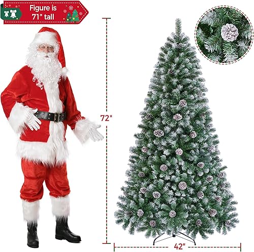 Miniatura 3 de Yaheetech Árbol de Navidad artificial de 6 pies, árbol de Navidad flocado con 64 piñas, 920 puntas esmeriladas, árbol predecorado para decoración de