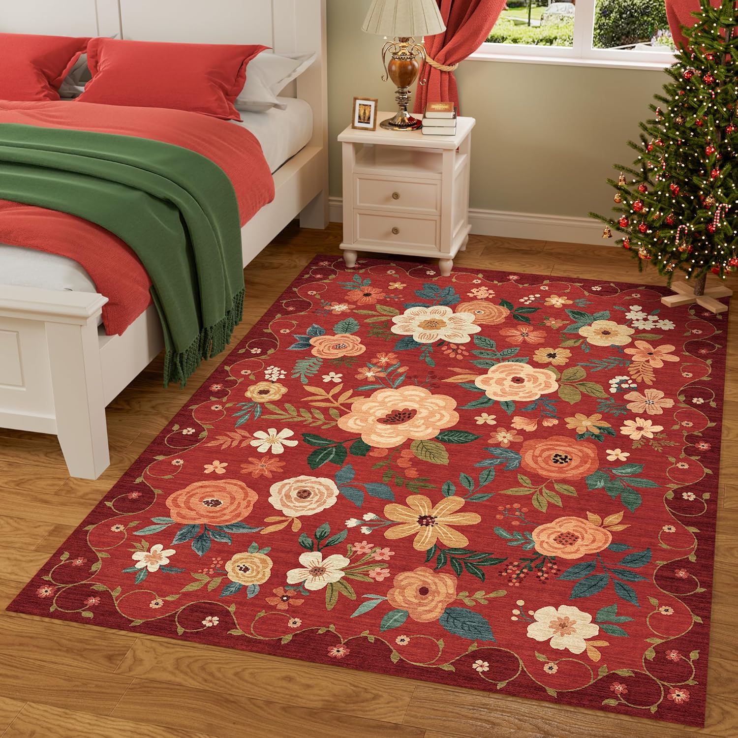 DUKINO 3x5 Area Rug, Floral Rugs for Living Room, Lightweight Non Slip Washable Rug, Indoor Low Pile & Non-Shedding Boho Design Rugs for Bedroom, Living Room, Dining Room, Red - Image 2