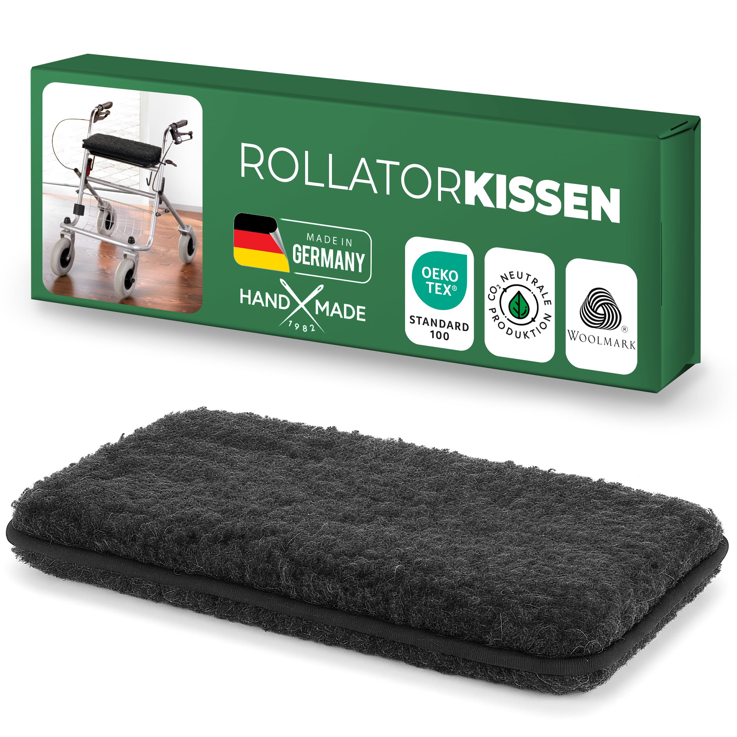 Novaliv Rollatorkissen Anthrazit 100% Schurwolle warm & atmungsaktiv 3 cm Polster 40×20 cm Fixierbänder gegen Verrutschen Uni-Design robust Handwäsche Rollator Zubehör