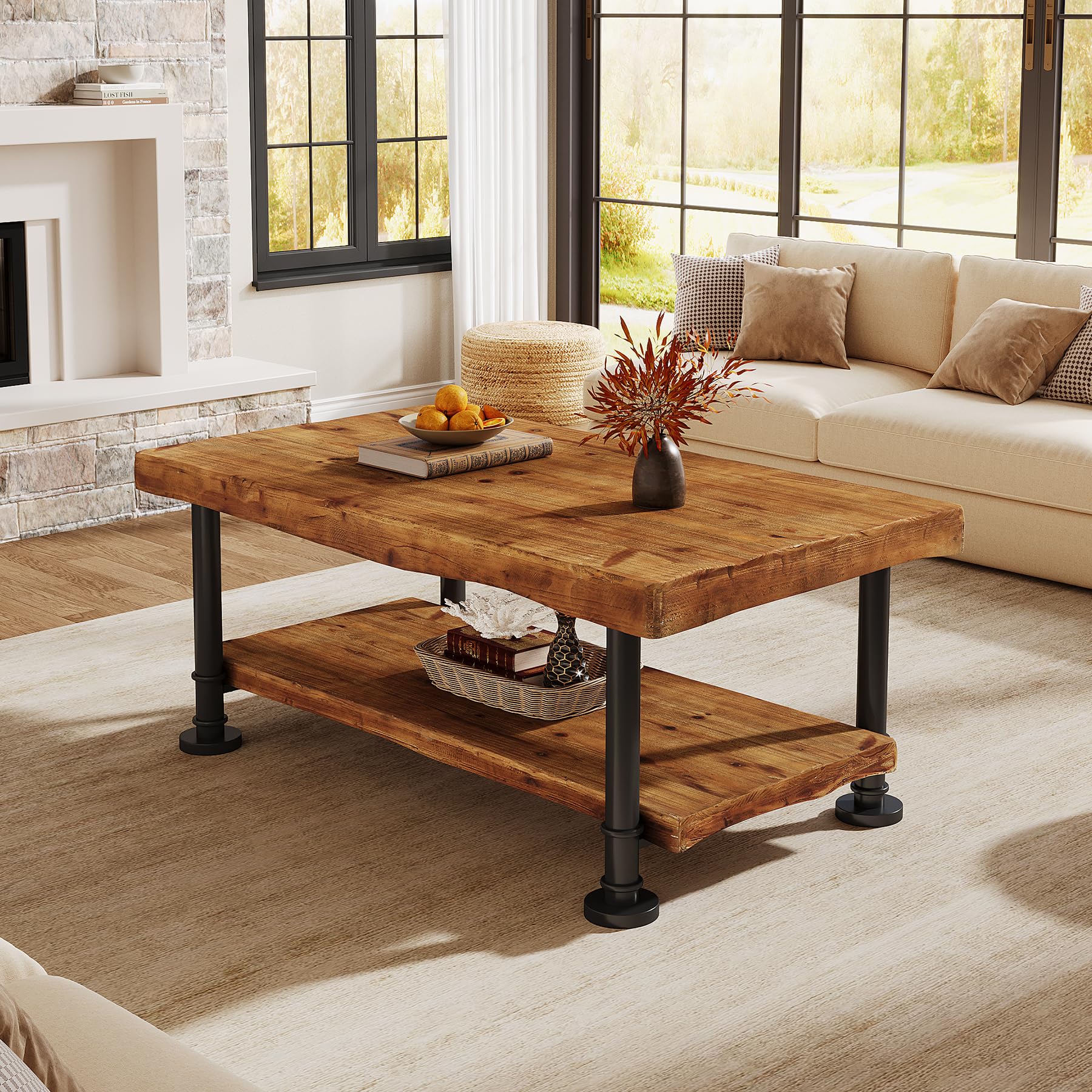 Tribesigns Meseta de Centro Estilo Granja, Mesa de café de Madera con Almacenamiento, Estante de 2 Niveles con Borde Vivo, Patas de Metal, Mesa Central Rectangular de 47" para Sala de Estar, salón