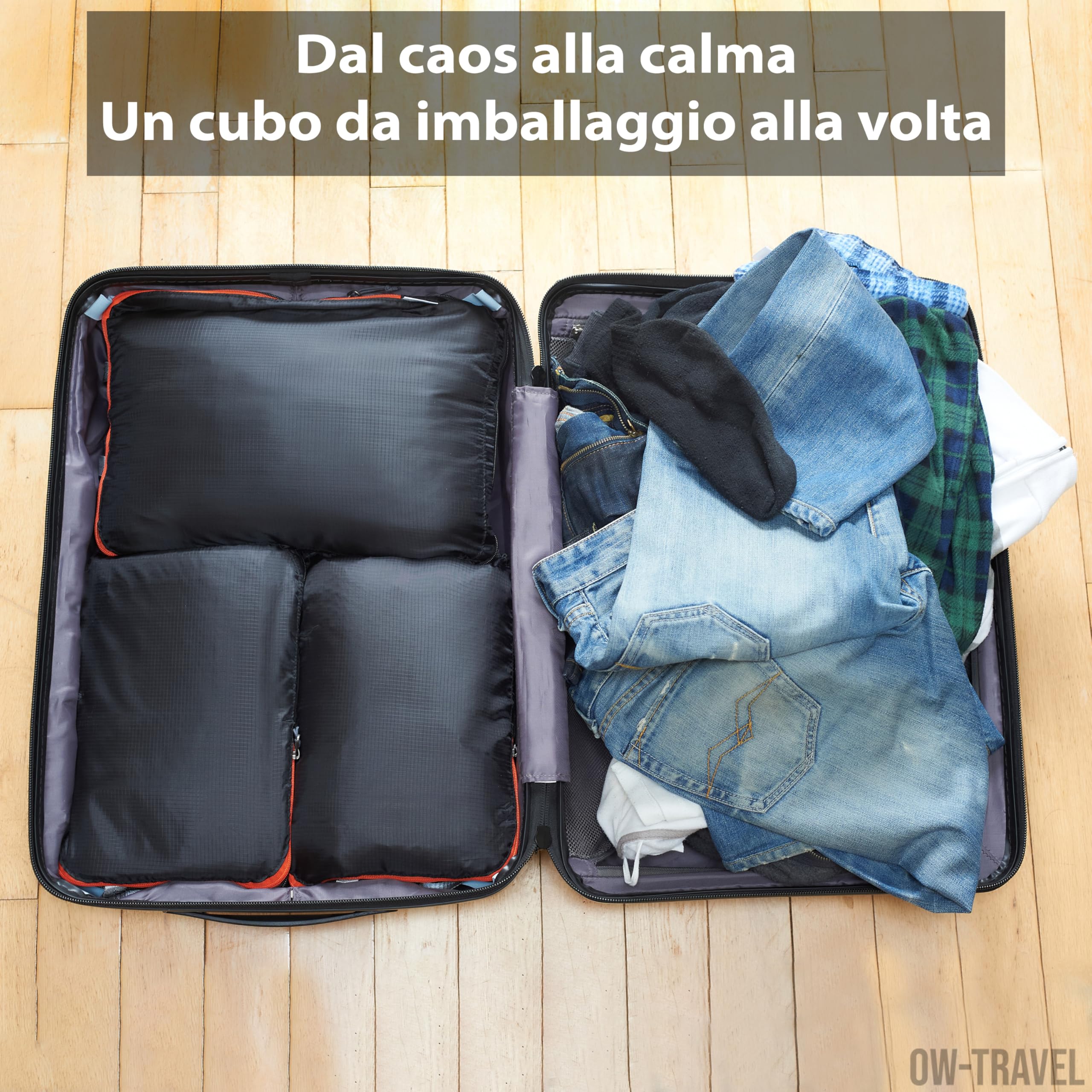 OW-Travel Organizer Valigia Salvaspazio a Compressione (4 Medi) Packing Cubes Compression per Zaino. Organizer da Viaggio per Valigia. Cubi Organizzatori per Valigie. Sacchetti Vestiti Viaggio