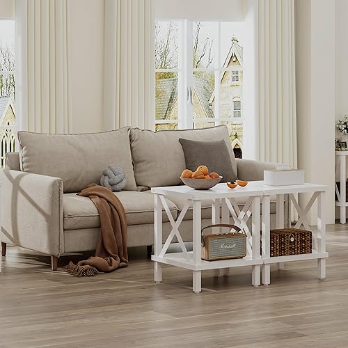 Miniatura 8 de MLBZ16W - Mesa auxiliar grande de estilo industrial, mesa auxiliar de madera con acento en X de metal con estante de almacenamiento para sala de