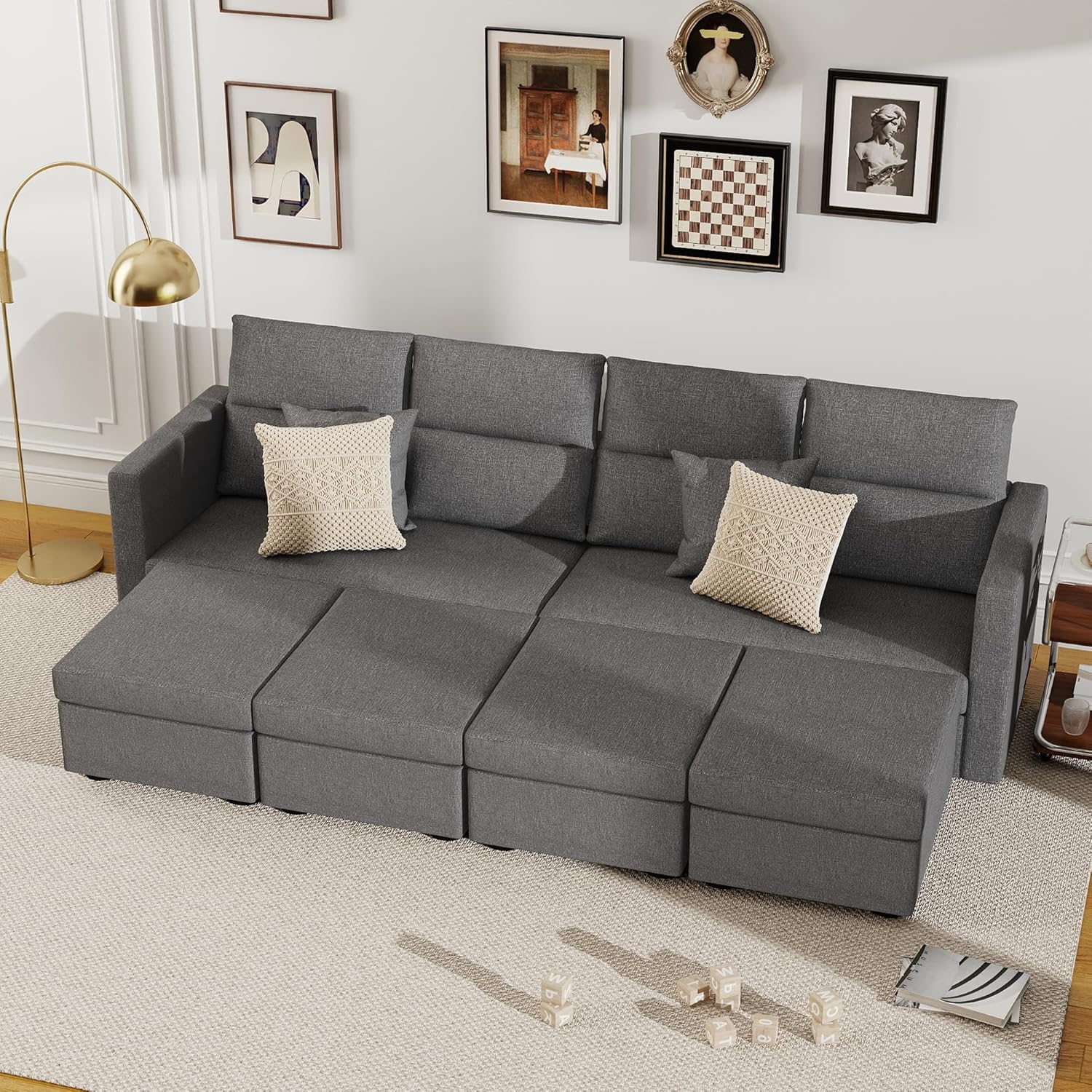 Grey Cloud Sectional Couch: 48" Loveseat Modular Sectional Sofa with Cuddler, Modern 4 Seat Modular Sofa, Comfy Couches for Living Room, Apartment | Linen