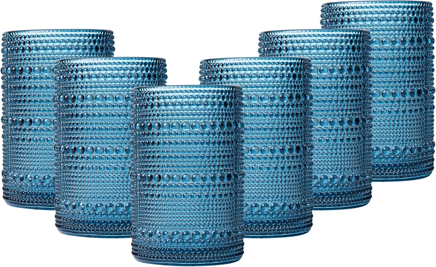JOVGANK Blue Vintage Hobnail Drinking Glasses Set of 6, Water Tumbler 15oz, Kitchen & Bar Beaded Highball Glasses, Beverage Glass Cups for Water, Beer, Juice, New Year Gifts