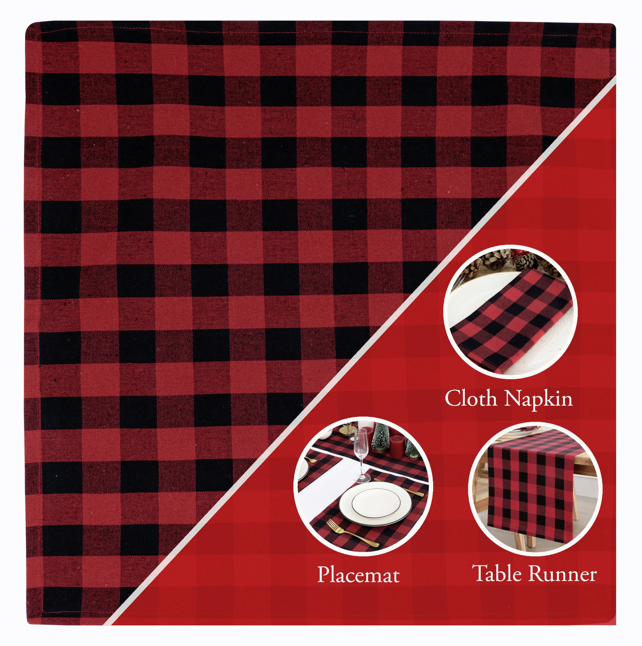 PurpleEssences Buffalo Plaid Cloth Serwetki - Ukośne Narożniki - Świąteczna Serwetka Gingham - Zestaw 12-100% Bawełna - Wielokrotnego Użytku Zmywalne - Czerwony i Czarny