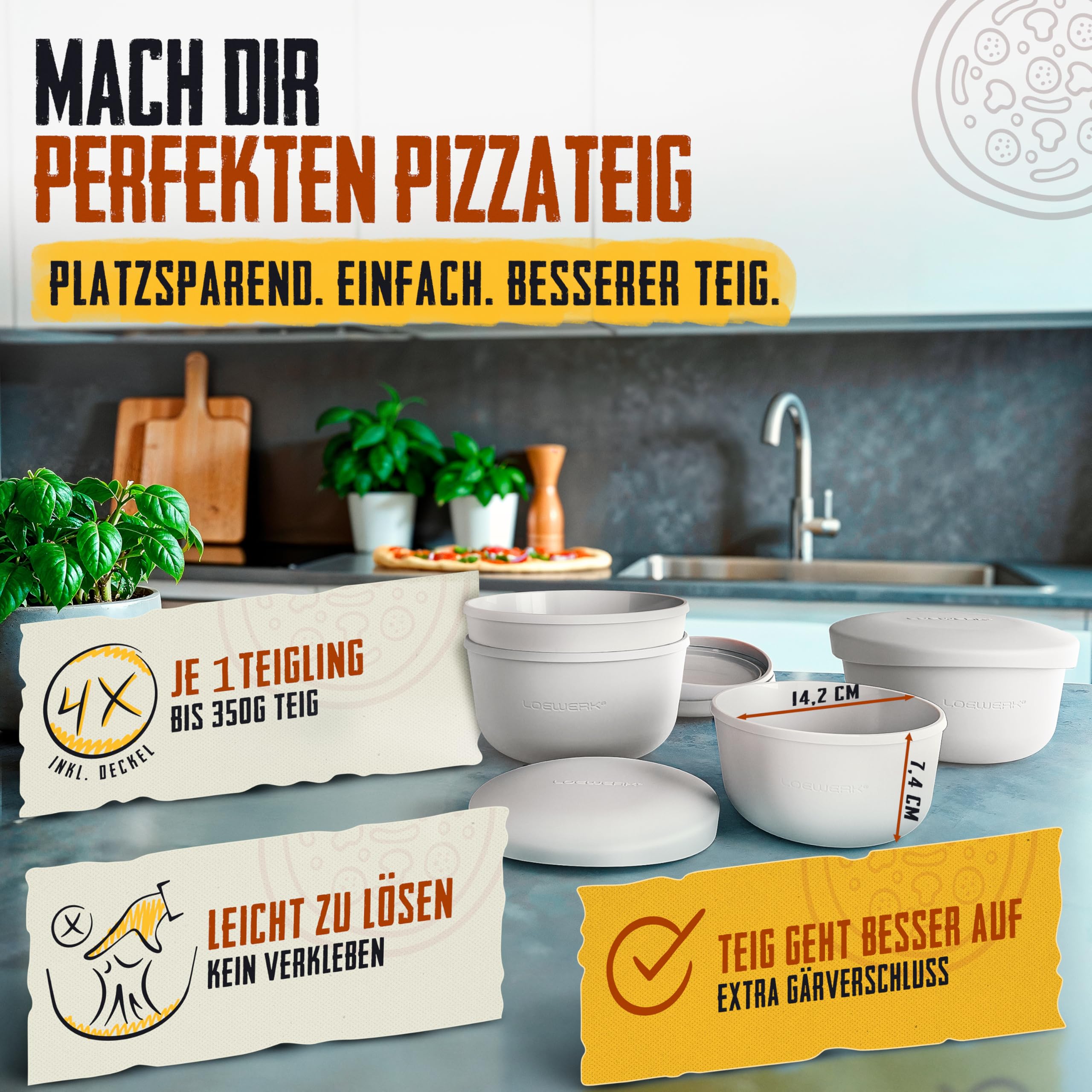 Pizzaballenbox mit Deckel – 4er Set – atmungsaktive Teigbox für perfekten Pizzateig - platzsparende Silikon Pizzateig Box mit Deckel, Pizza Box, Pizza Ballenbox, Gärbox – Grau