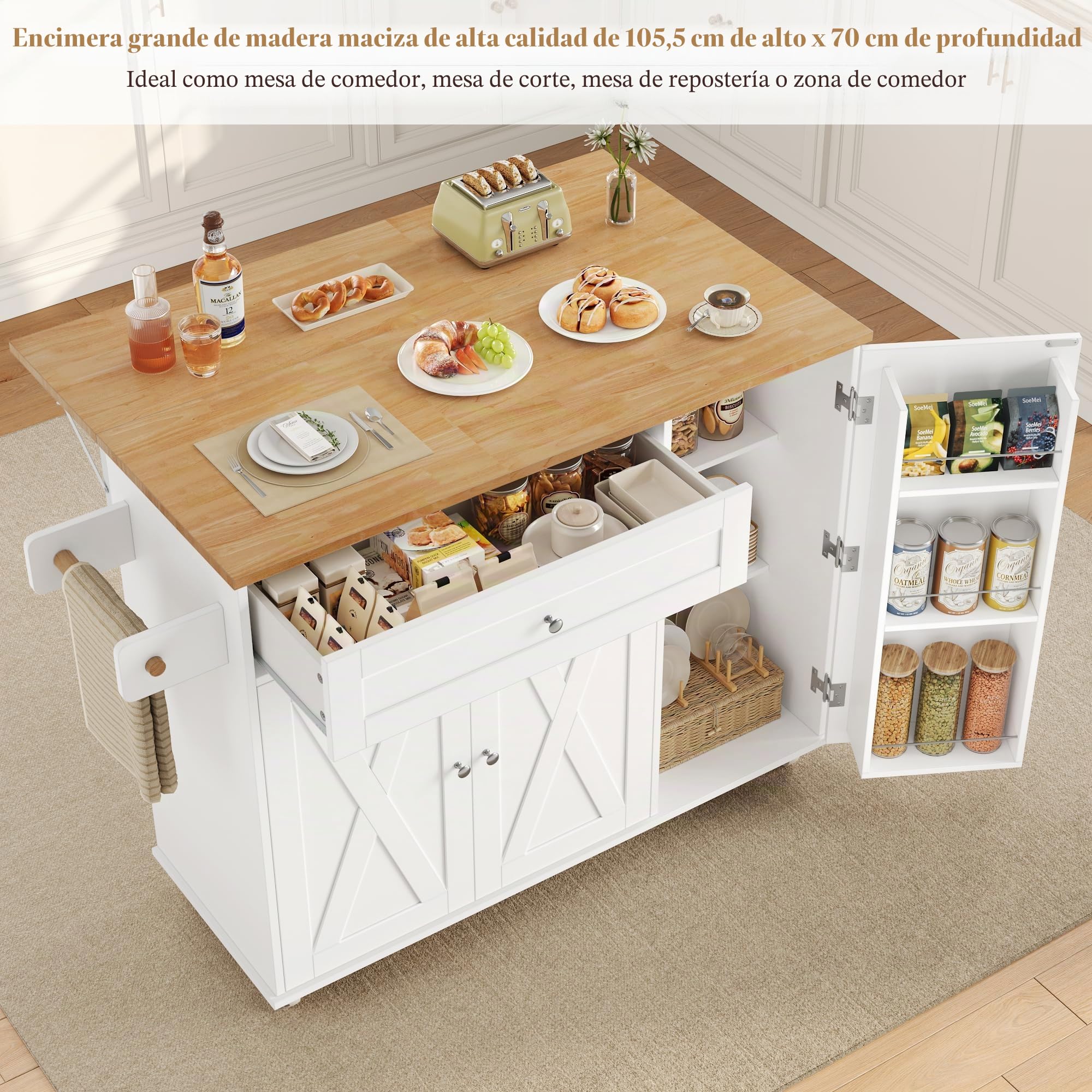HOCSOK Isla de cocina, carro de cocina con 5 ruedas, armario de cocina con superficie de trabajo abatible y cajones, isla de cocina independiente, carro de bar para cocina y comedor, Blanco