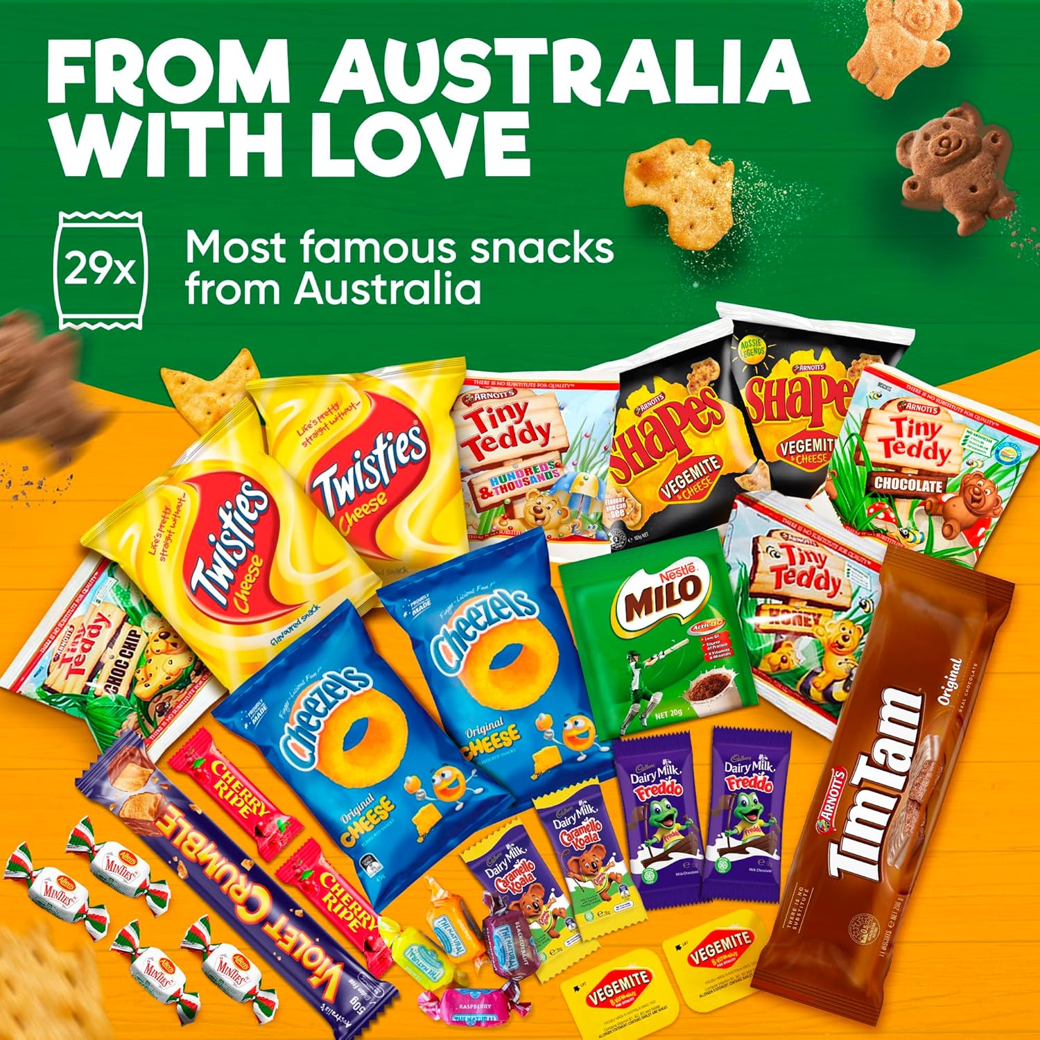 Australian Snack Gift Box Mega 29 Pack and Cadbury Slabs Chocolate Box – Includes Tim Tams, Aussie Treats, and 6-Piece Cadbury Slab Assortment with Fruit & Nut, Rum & Raisin, Top Deck, and More