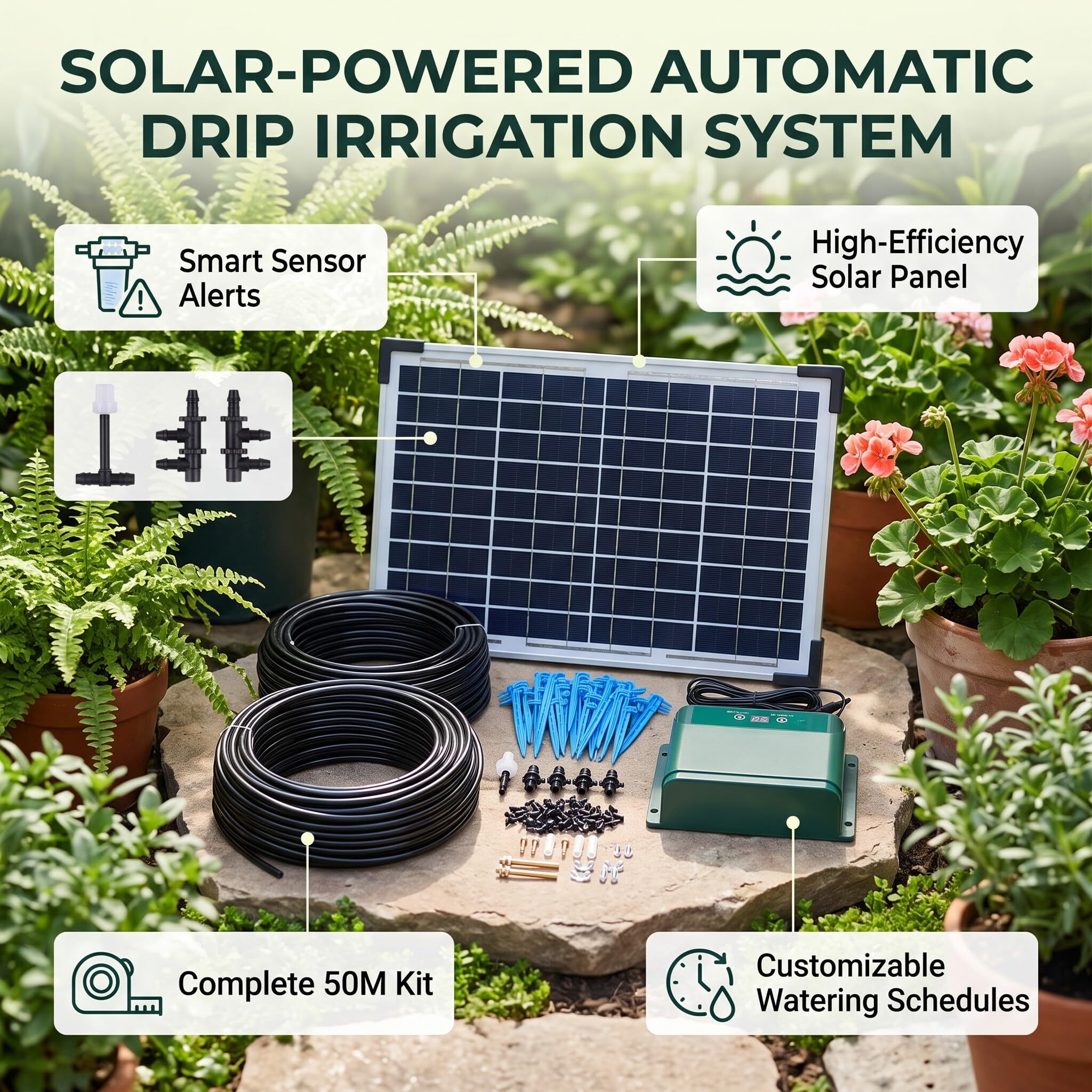 Qcwwy Kit di Irrigazione Solare Irrigazione a Goccia per Giardino nel Cortile Serra per Piante Giardino Esterno, Kit di Irrigazione a Goccia
