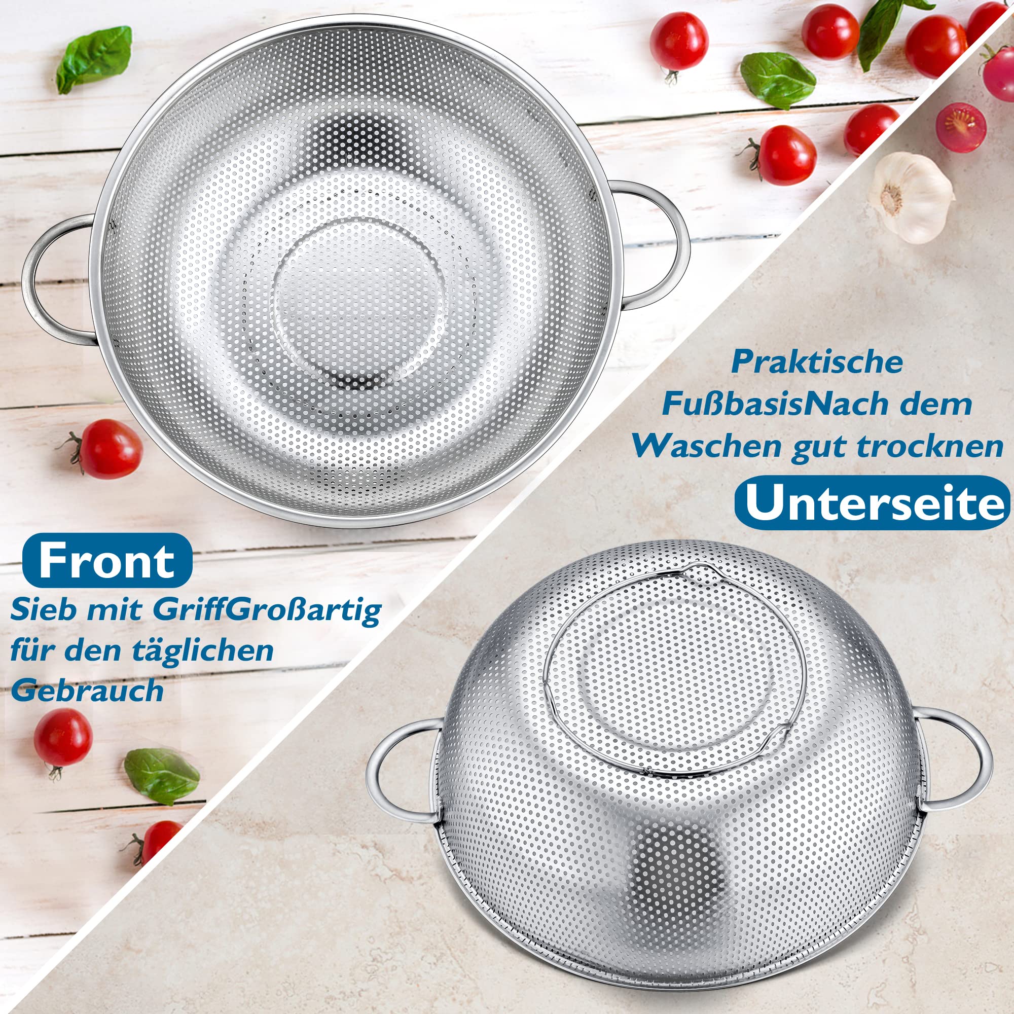 Herogo Colino da 28 cm in acciaio inox, manico, colino per pasta microforato, scolapasta e risciacquo di alta qualità e lavabile in lavastoviglie