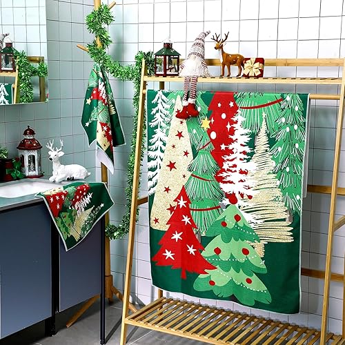 Miniatura 9 de Juego de 3 toallas de baño de gnomo de Navidad, toallas de mano para árbol de Navidad, toallas de baño de copos de nieve, toallas de baño suaves y