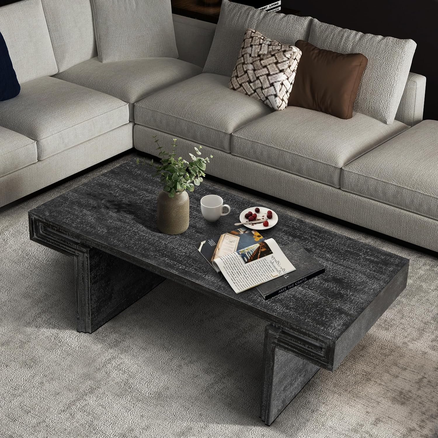 SSLine 48inch Rectangle Coffee Table,Farmhouse Minimalist Wood Center Table with Wood Texture Design,Vintage Tea Coffee Table for Living Room,Bedroom, Home Office