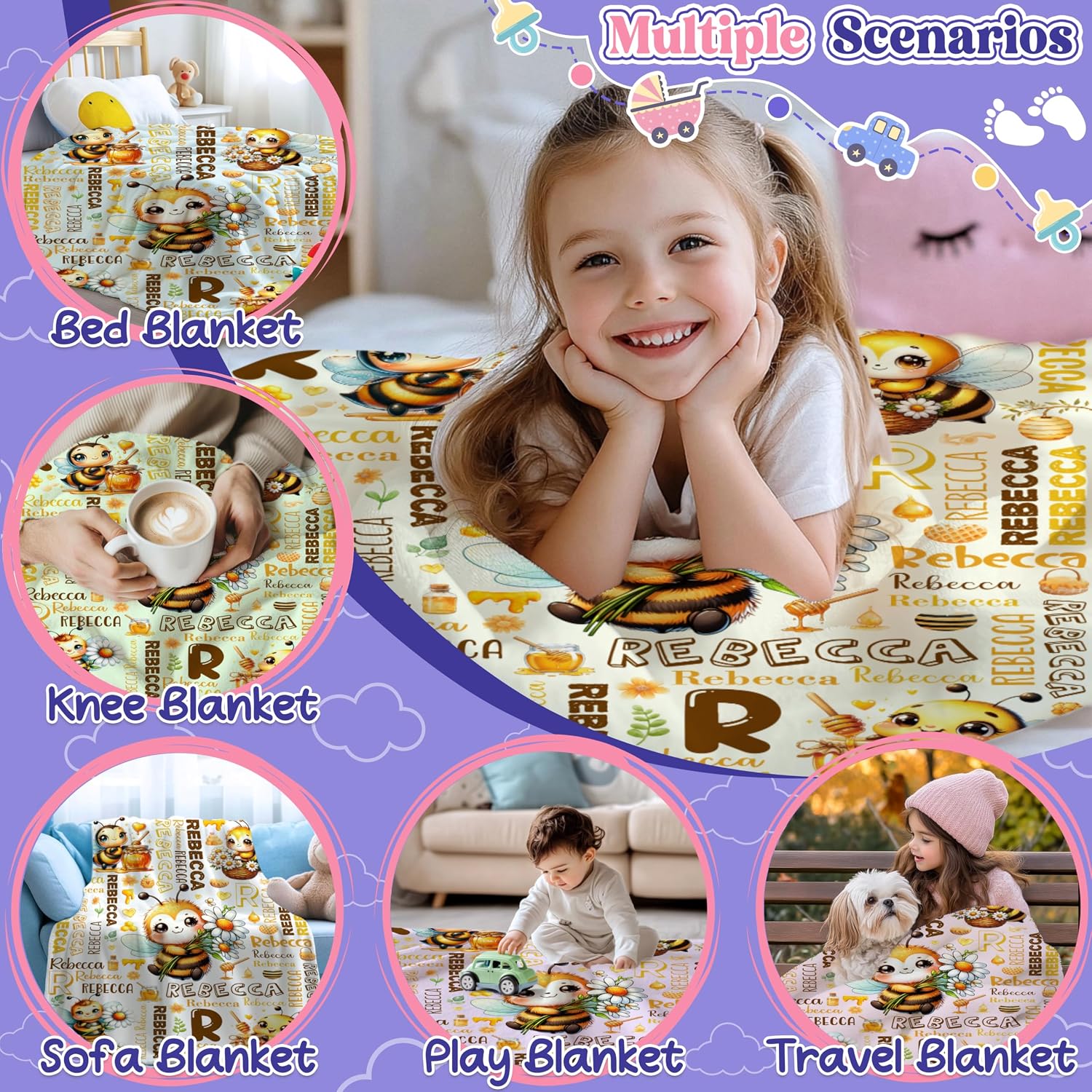 Personalized Honey Bee Custom Baby Blanket with Name,Customized Honey Bee Throw Blanket,Soft Cozy Personalized Baby Throw for Boys Girls Kid Newborn Nursery Stroller Crib Decor Christmas Birthday Gift