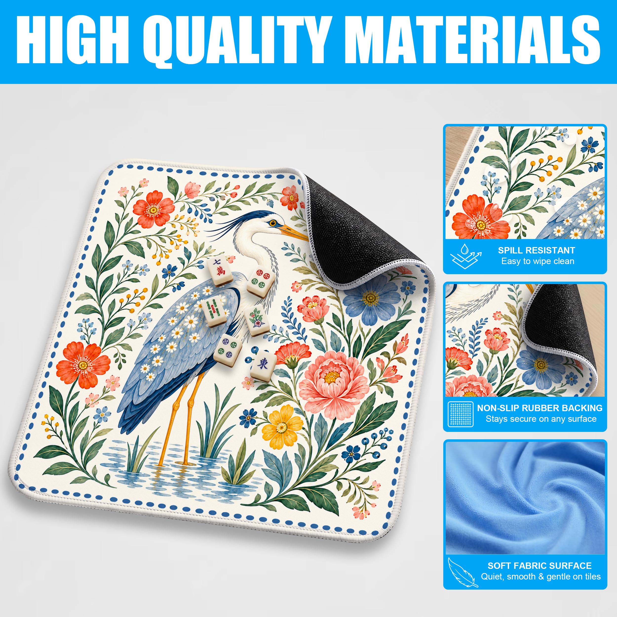 SODAVA Tapis de mahjong Blue Heron, housse de table de jeu florale aquarelle avec sac de transport, 80 cm x 80 cm, caoutchouc antidérapant, réduction du bruit, cadeaux pour mahjong, cartes, dominos