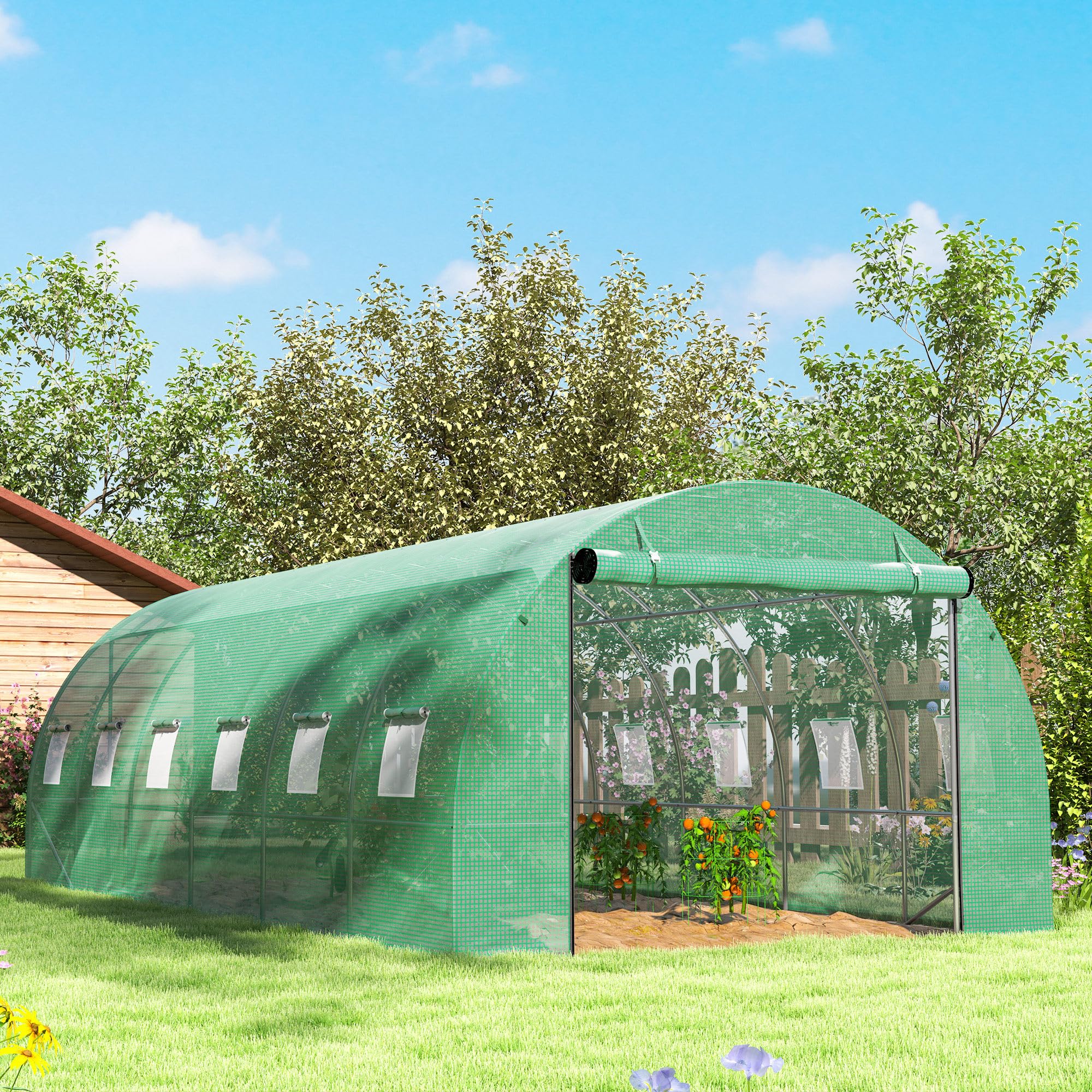 Outsunny Szklarnia 300 x 400 x 200 cm domek na pomidory z drzwiami, 12 okien, zielona | Szklarnia foliowa, tunel foliowy ze stali ocynkowanej, 170 g/m² PE, szklarnia z kotwami i linami