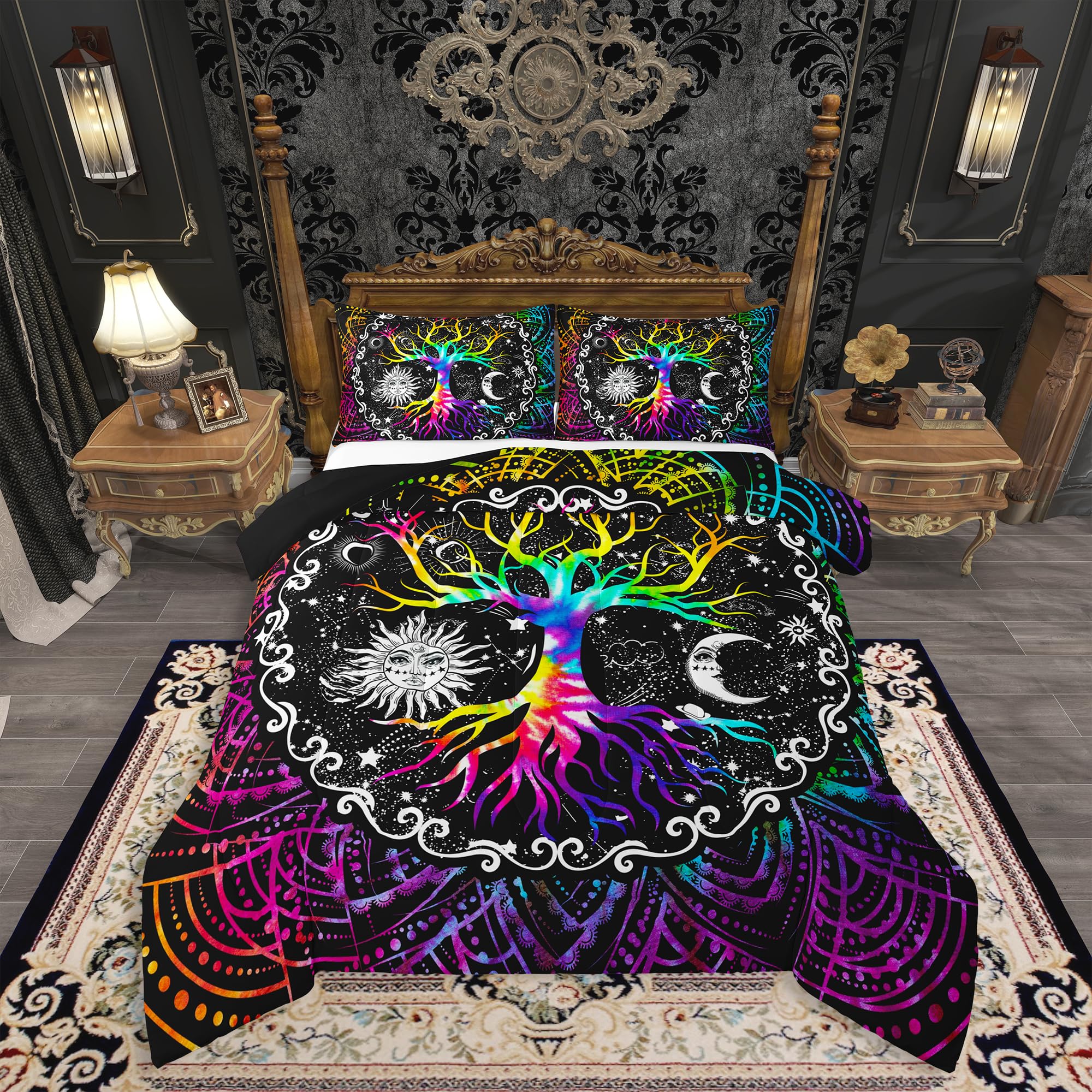 Tree of Life Comforter Set King Size,Colorful Sun and Moon Bedding Set for Men Women,Psychedelic Mandala Flowers Quilt Lightweight,Galaxy Stars Tribal