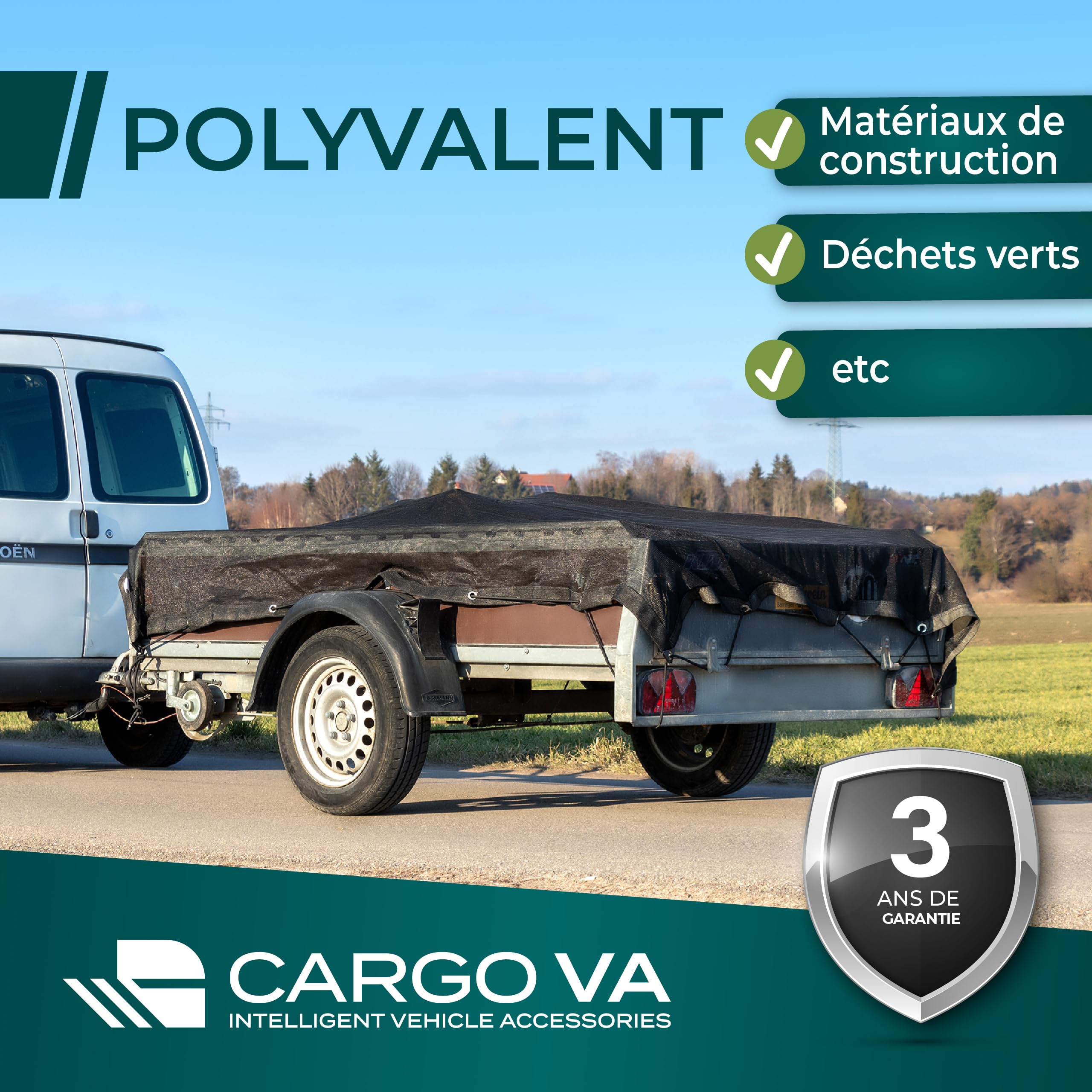 CargoVA - Filet de remorque à Mailles Fines 3x4M - Filet de Couverture Noir avec Corde élastique - pour Une Fixation optimale de la Charge