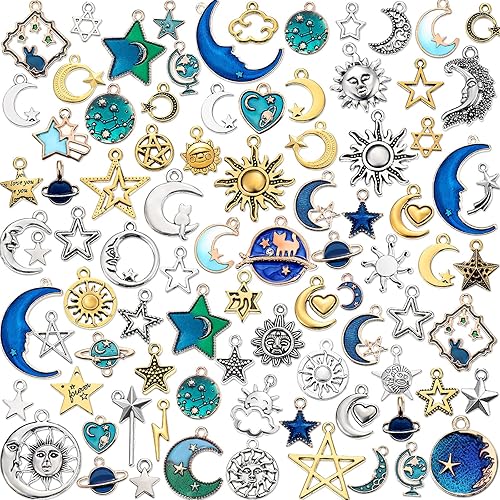 Hicarer 160 piezas dijes para pulseras, dijes mixtos de sol, estrella y luna antiguos, dijes de esmalte plateado celestial para hacer joyas