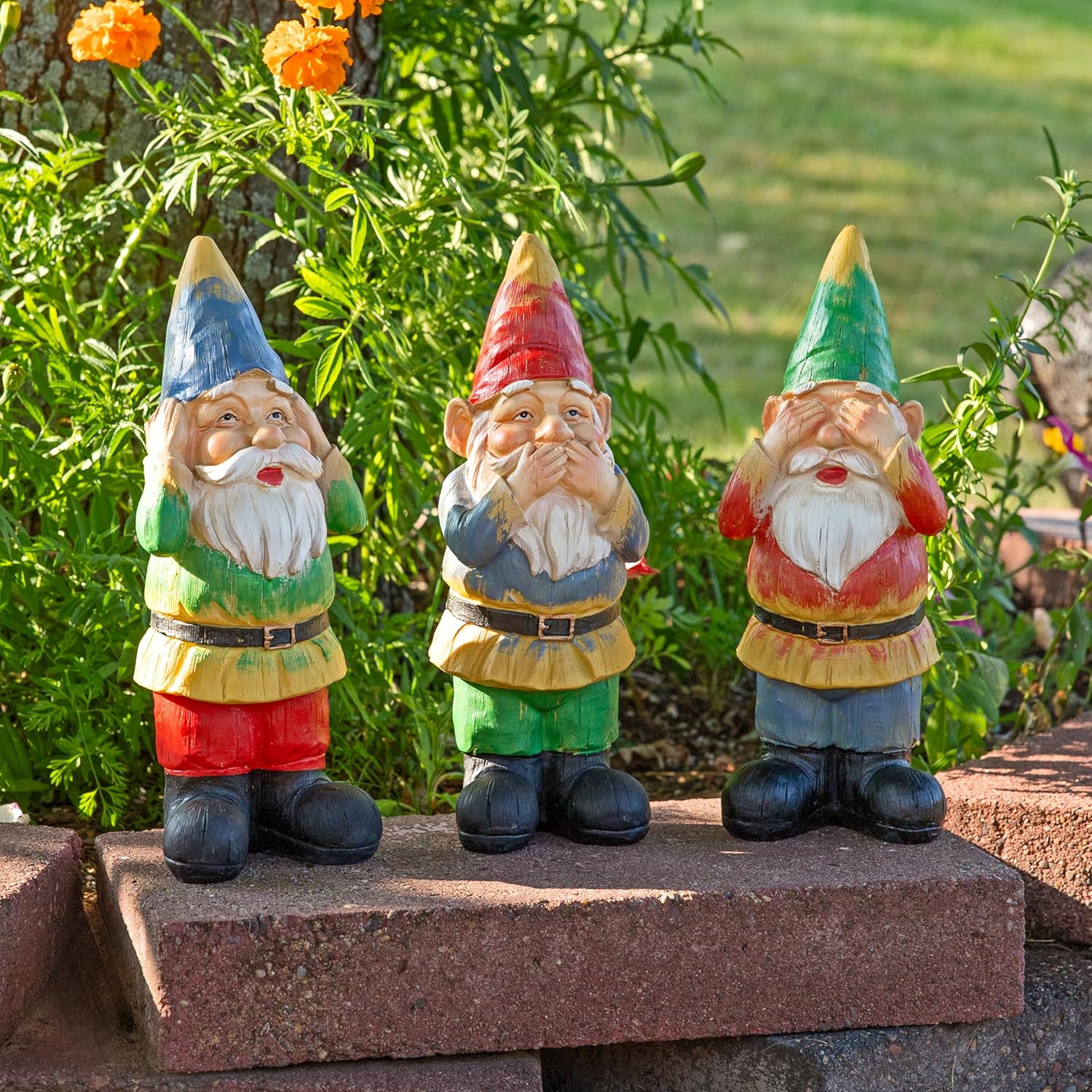 Sunnydaze Three Wise Garden Gnomes - Hear, Speak, and See No Evil Set - Outdoor Lawn Statues