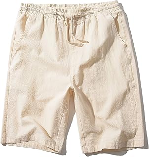 Men's Linen Casual Classic Fit 11 Inch Inseam Elastic Waist Shorts with Drawstring