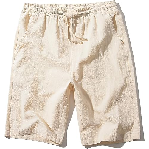 SIR7 Men's Linen Casual Classic Fit 11 Inch Inseam Elastic Waist Shorts with Drawstring