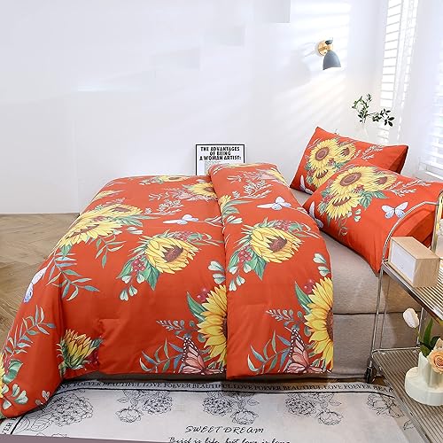 Miniatura 8 de ZRNBAST Juego de ropa de cama de girasol, tamaño Queen, floral, 3 piezas, color naranja quemado, mariposas para niños y mujeres, terracota botánico
