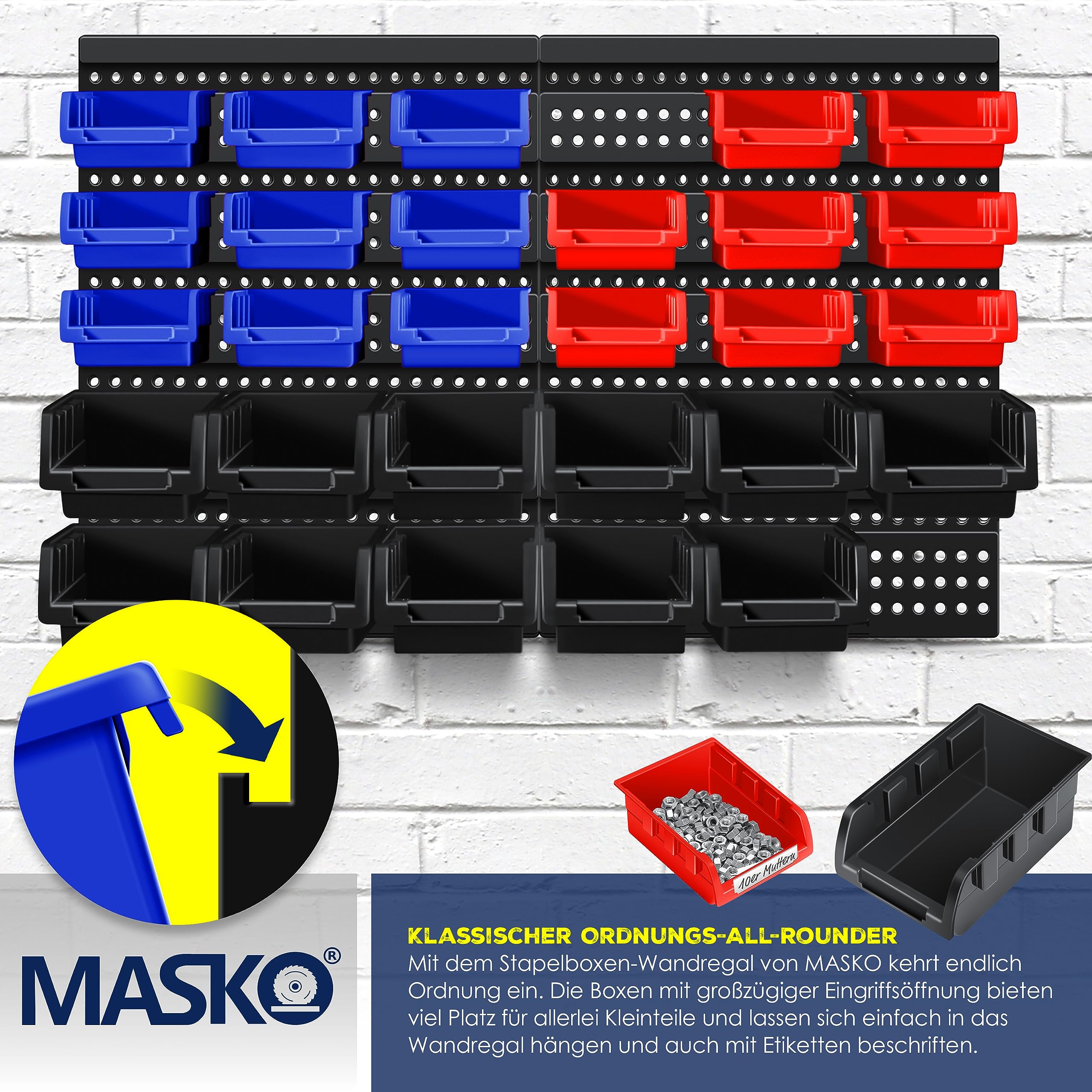MASKO® Cajas Apilables, Estante de Pared, Cajas de Almacenamiento visibles, Estante Basculante, Estante Enchufable, 32 partes - Negro/Azul/Rojo