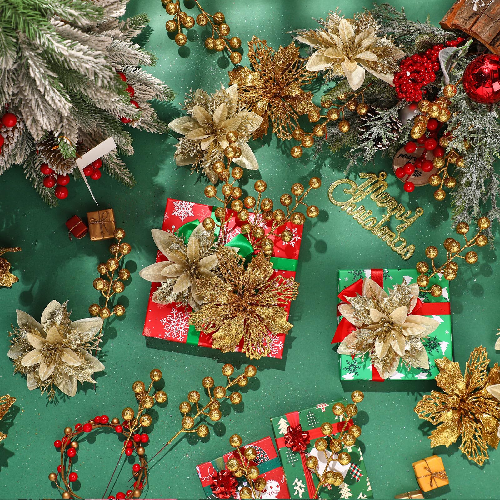 60 piezas de 4 estilos de bayas con purpurina para Navidad, flores artificiales de Pascua para árbol de Navidad, adornos de árbol de Navidad, coronas de Navidad, manualidades, decoración de