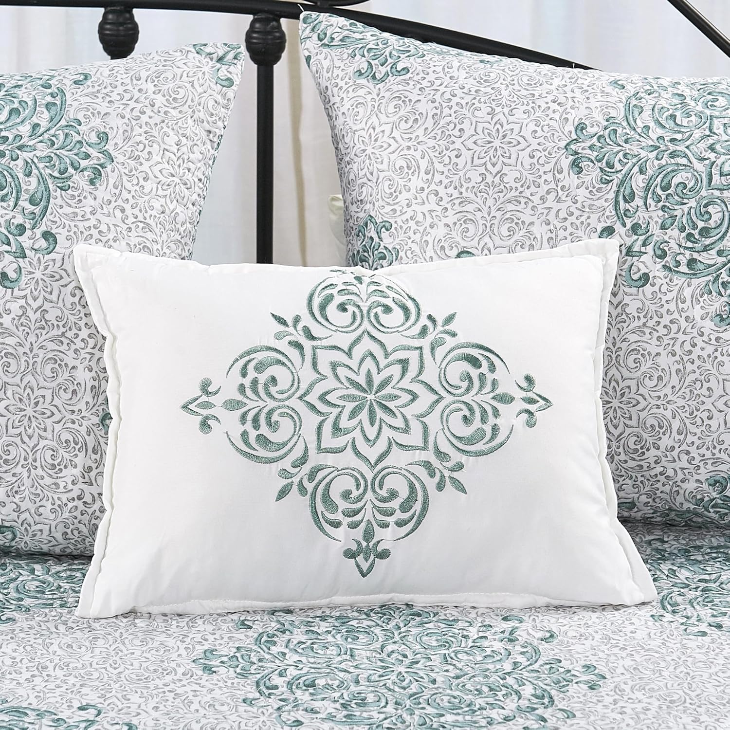 Home Soft Things Chelsea Teal 6 Piece Quilted Daybed Bedding Cover Set 75" x 39" with Bedskirt, Matching Pillow Shams, Decorative Pillow, Blue Gray White Soft Lightweight Coverlet Set Daybed Size