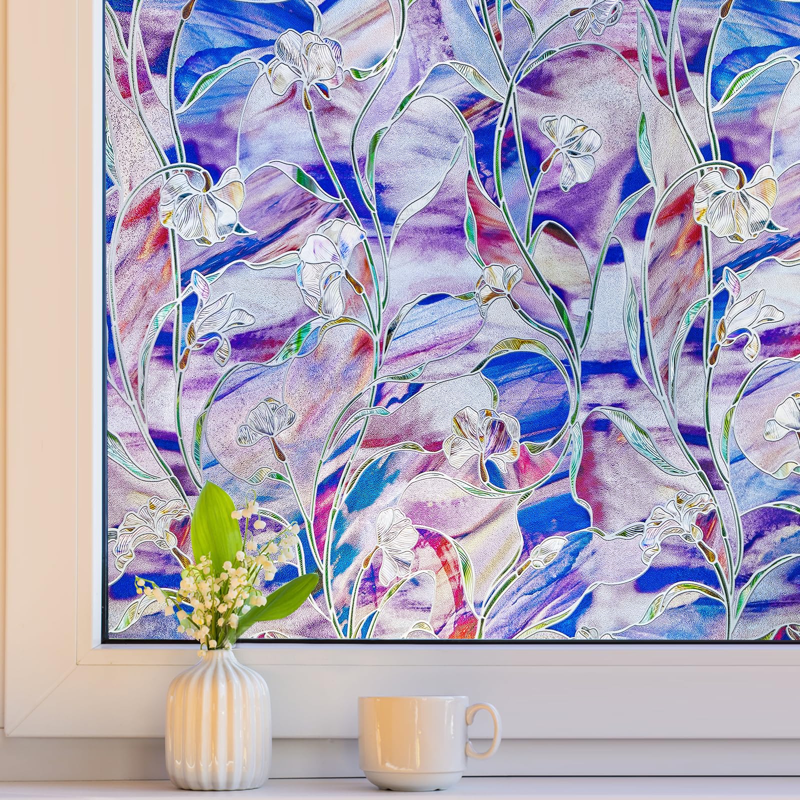 SUNBABY Stained Glass Window Film:303,3D Decorative Window Privacy Film, Window Decals,Non-Adhesive Heat Control Anti UV Vinyl Static Clings,35.4 x 78.7 Inches