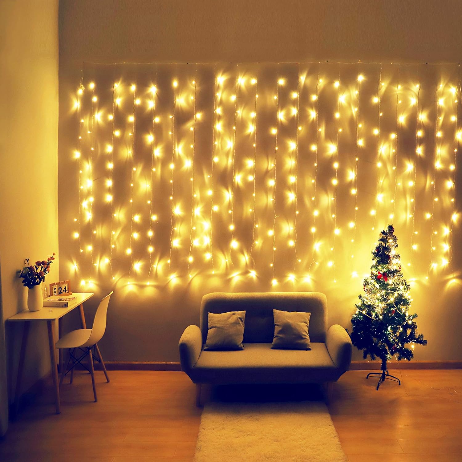 HEYFUNi Curtain Lights,13ftx6.5ft Safety Window Curtain Icicle String Lights 30V 8 Modes for Christmas Wedding Party Family Patio Lawn Decoration(Warm White)