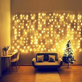 HEYFUNi Fiee Curtain Lights,13ftx6.5ft Safety Window Curtain Icicle String Lights 30V 8 Modes for Christmas Wedding Party Family Patio Lawn Decoration(Warm White)