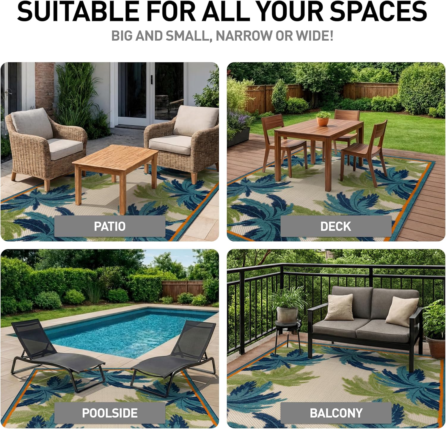 Rugshop Indoor/Outdoor High-Low Textured Area Rug, Palm Border, Easy-Clean Patio Rug for Porch Deck Balcony 5' x 7' Beige/Multi