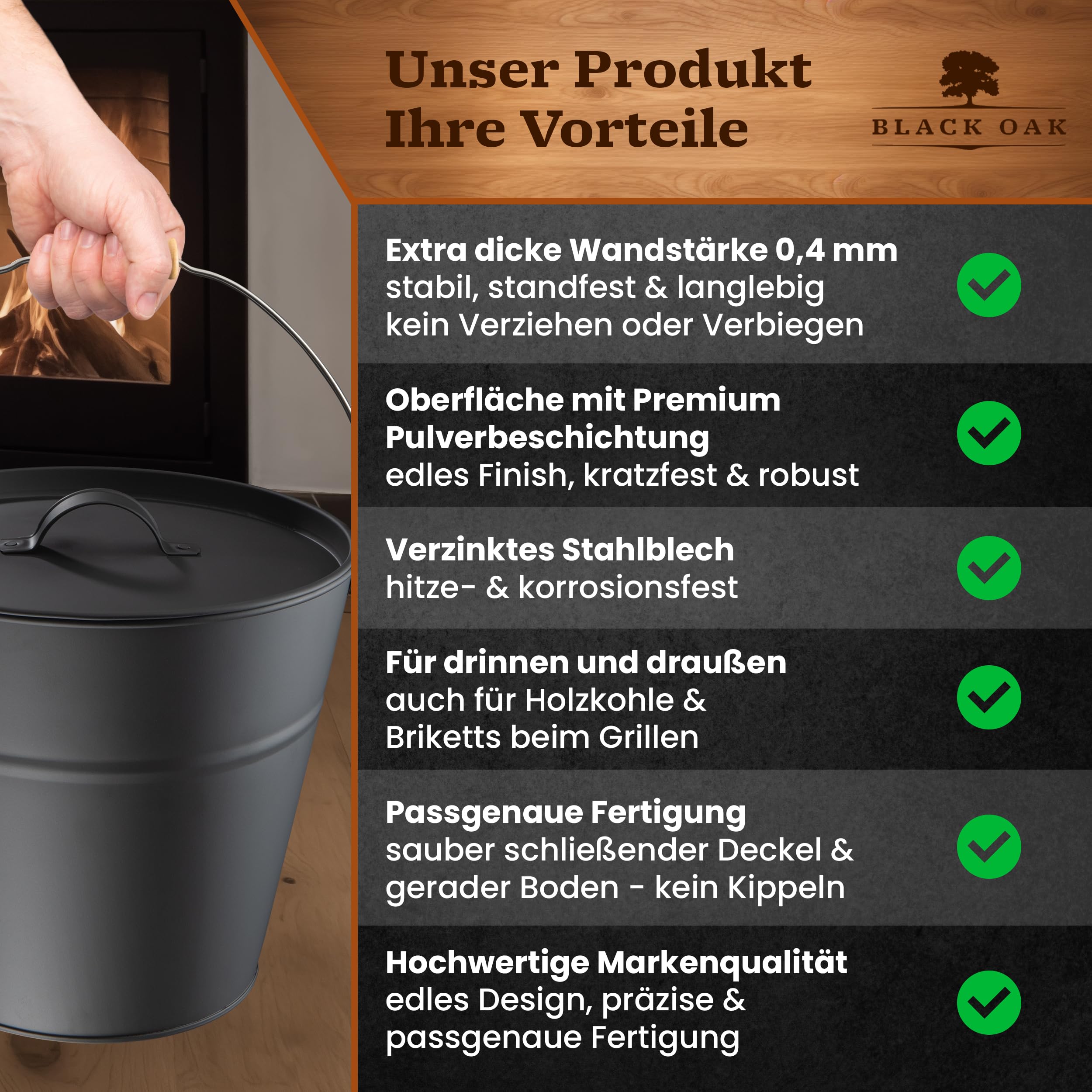 BLACK OAK Ascheeimer FOGO 10L - schwarz mit Deckel mit Metallgriff + Feger + Schaufel & Handschuhen - 10L groß Stahl feuerfest verzinkt & pulverbeschichtet Eimer für Asche Kohle Pellets Zubehör Kamin