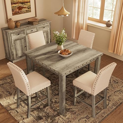 Juego de mesa de comedor de altura de mostrador para 4, juego de mesa de comedor de granja para 4, mesa de comedor de cocina cuadrada con 4