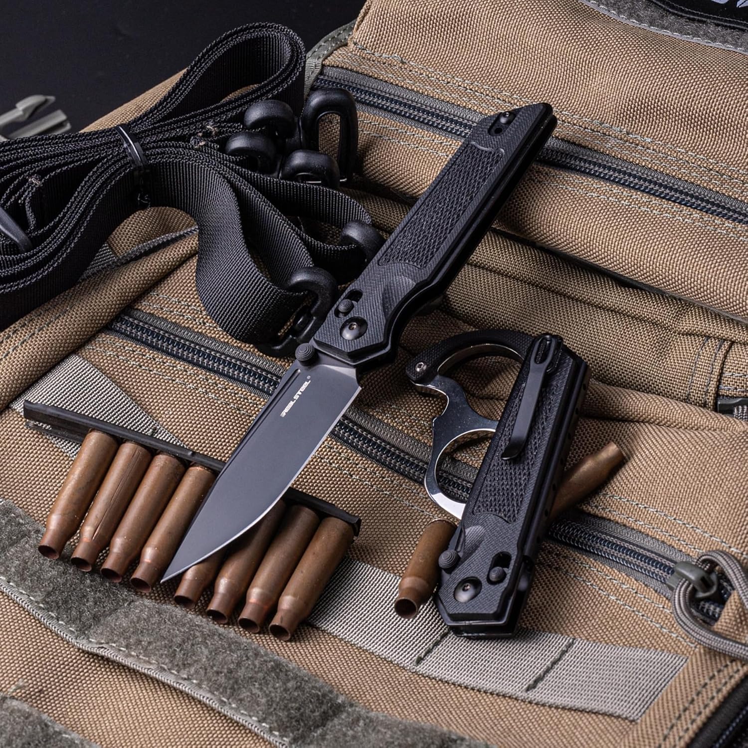 REALSTEEL SACRA Tac Pocket Knife, Folding Knife, Crossbar Lock, 3.31" Böhler K110 Steel Blade, Thumb Stud, G10/Micarta Handle, 2.58oz, Deep-carry Pocket Clip, EDC Outdoor Indoor, Gifts for Men Women Camping Hiking Climbing Fishing (Full Black Tac G10)