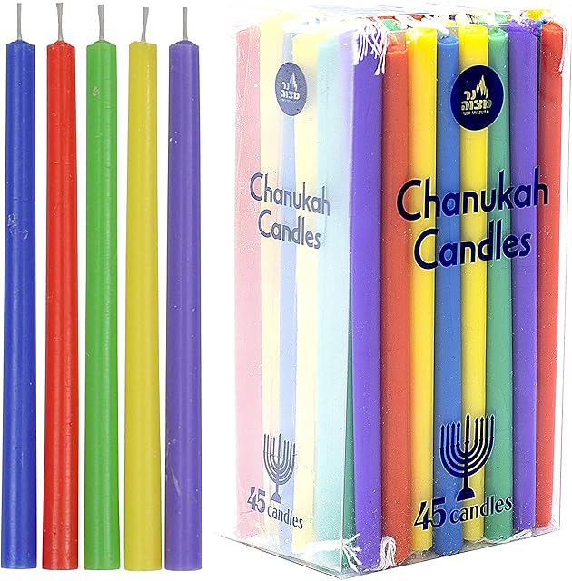 Ner Mitzvah Colorful Long Chanukah Candles - Standard Size Hanukkah Candles - Premium Quality Wax - Assorted Colors - 45 Count for All 8 Nights of Hanukkah