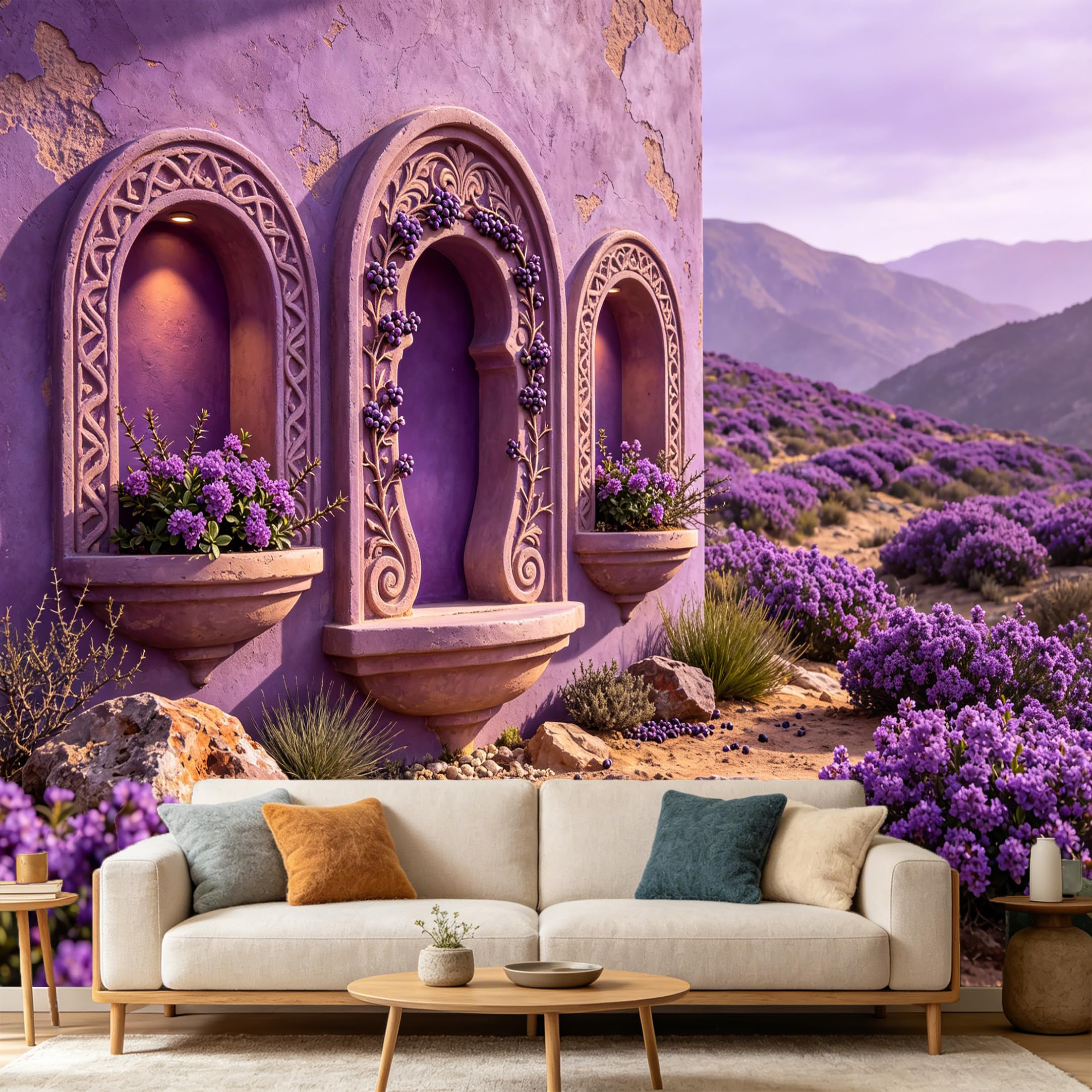 Custom Size Wall Mural， Provence Lavender Fields Mediterranean Architecture Aesthetic， SelfAdhesive Art Prints wall Fabric Removable Large Wallpaper Home Living Room Decor