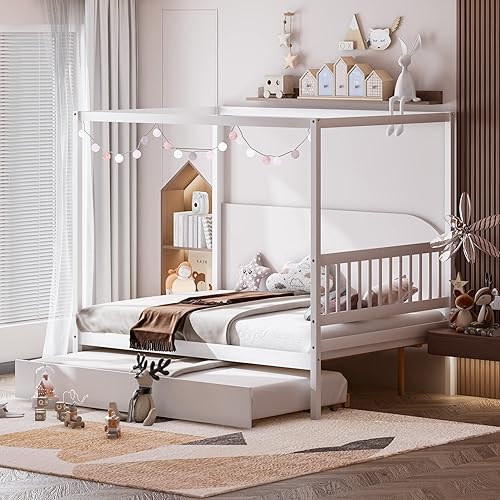 Miniatura 10 de KOMFOTT Cama individual con nido, marco de cama de plataforma de madera maciza, cama para niños con techo para niñas y niños, no necesita somier,