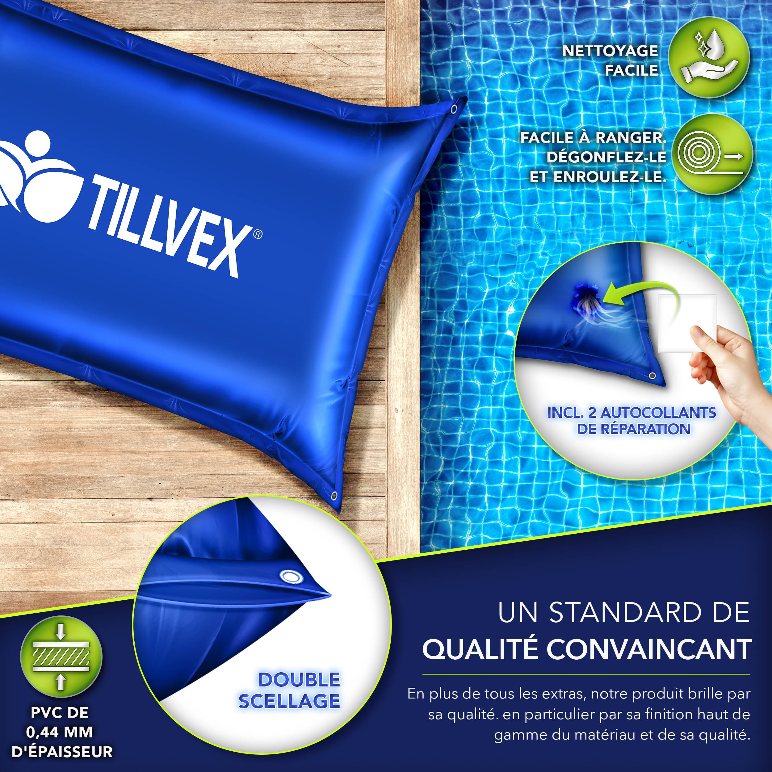 tillvex® Coussin de piscine pour l'hiver XXL 200 x 240 cm | Coussin d'air avec kit de réparation - Coussin d'hiver avec valve de sécurité - Double couture