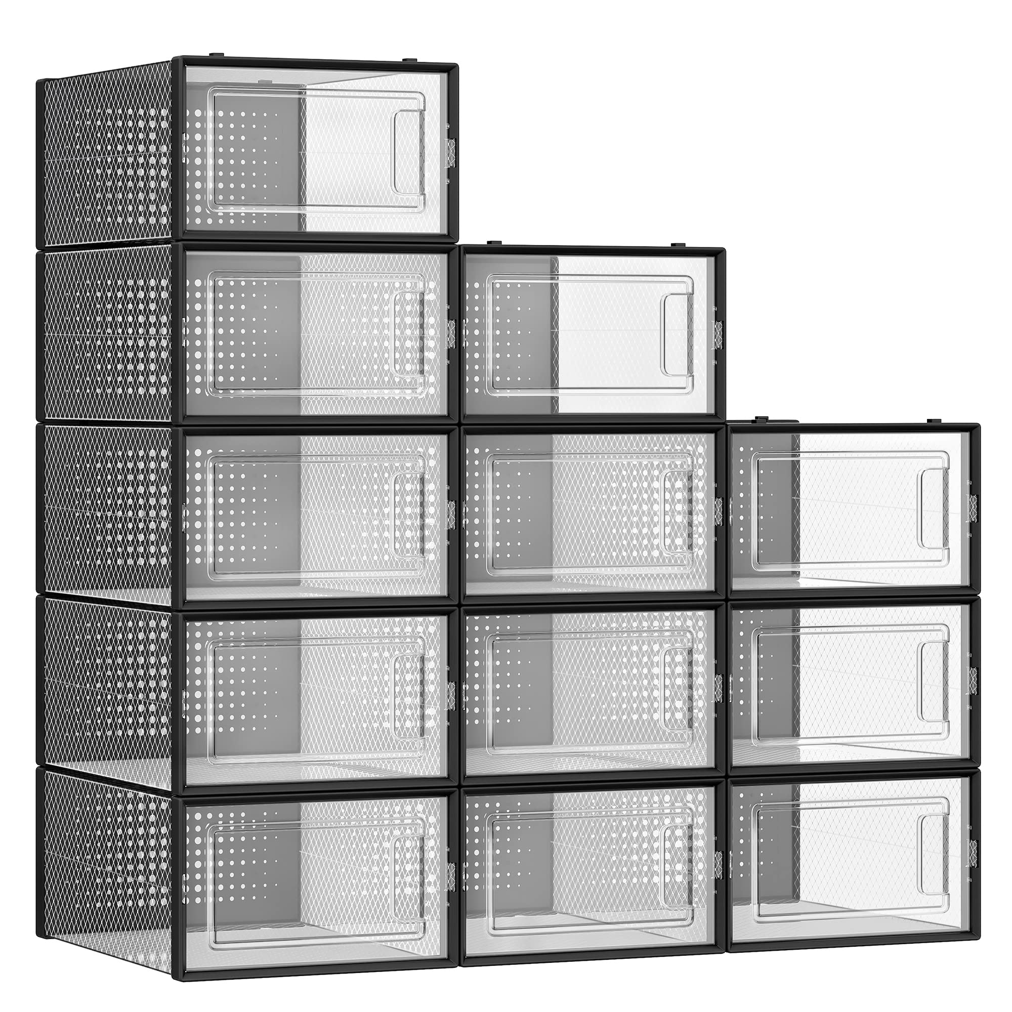 SONGMICS Shoe Boxes, Pack of 12 Shoe Storage Organizers, Stackable Clear Plastic Boxes for Closet, Sneakers, 13.1 x 9.1 x 5.6 Inches, Transparent and Black ULSP006B12 12 Count Fit Size 11 Tr