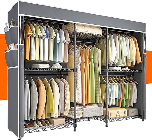 Vista 9 de Raybee Perchero de ropa con cubierta, perchereros para colgar ropa resistente, armario portátil con estantes, ajustable, carga de 905 LBS, negro