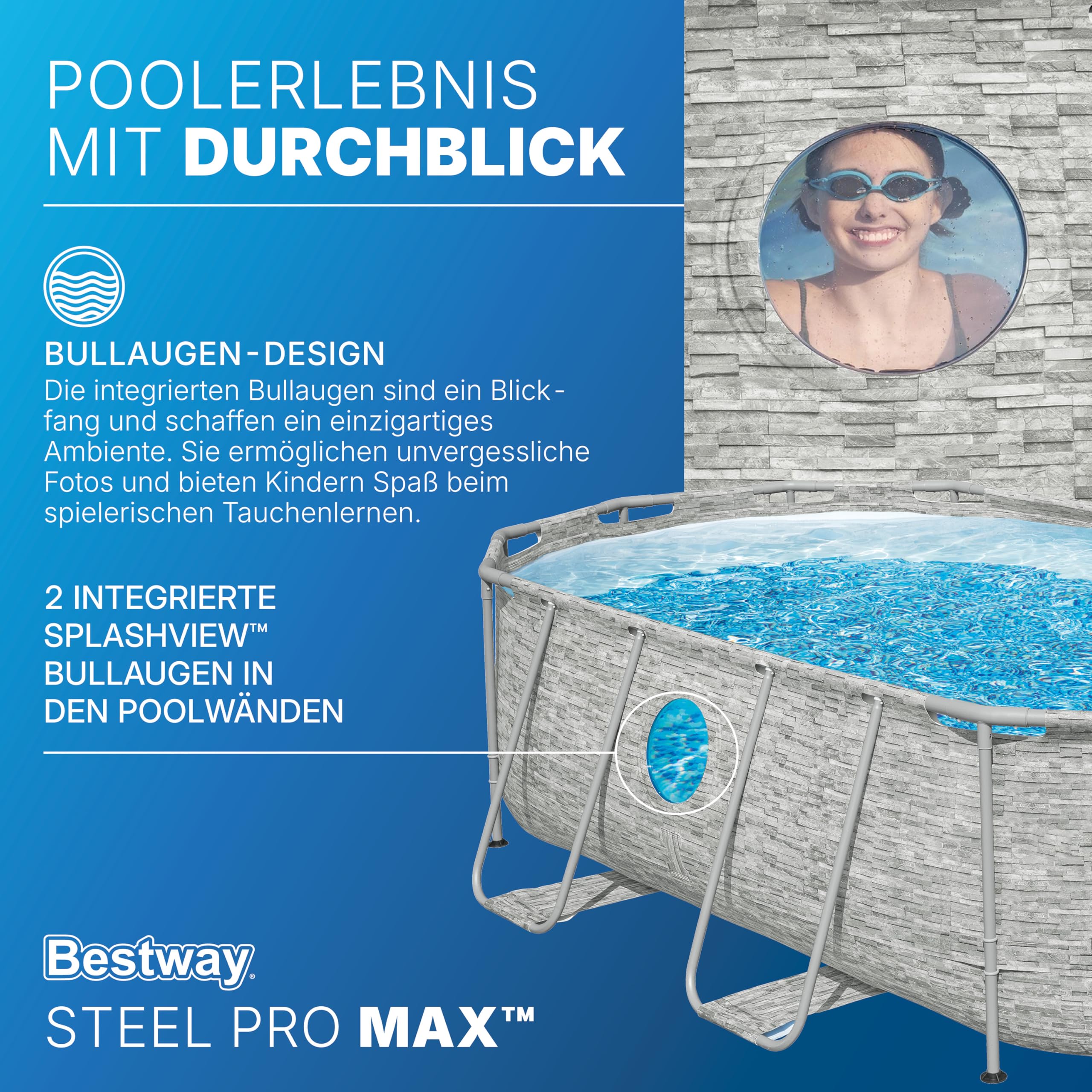 Bestway Power Steel Swim Vista Series Frame Pool Komplett-Set mit Filterpumpe 427 x 250 x 100 cm, Steinwand-Optik (Cremegrau), oval