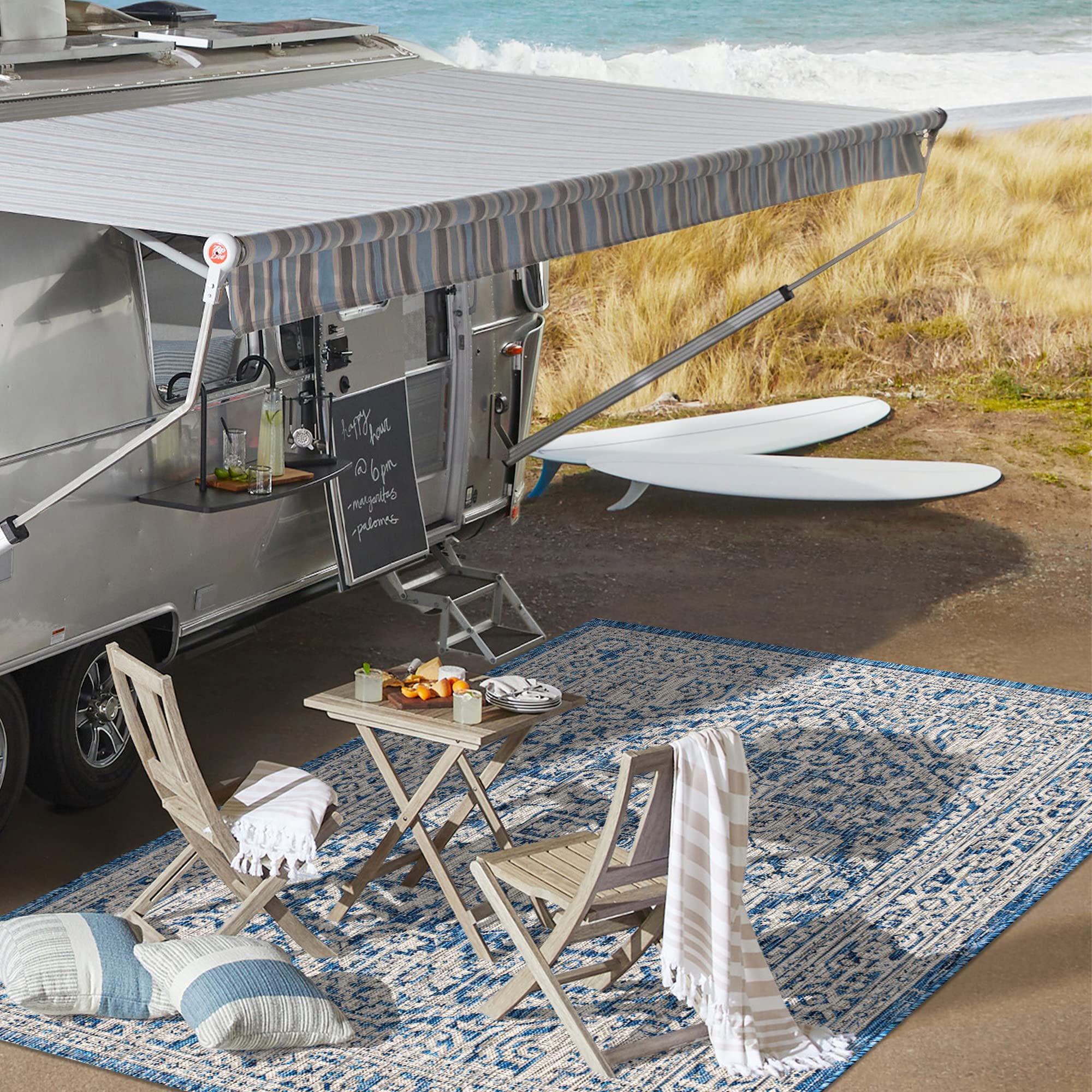 JONATHAN Y SMB101B-8 Sinjuri Alfombra Interior Exterior Textura Tejido Medallón Fácil de Limpiar, Habitación, Cocina, 240 cm x 300 cm, Azul Marino/Gris