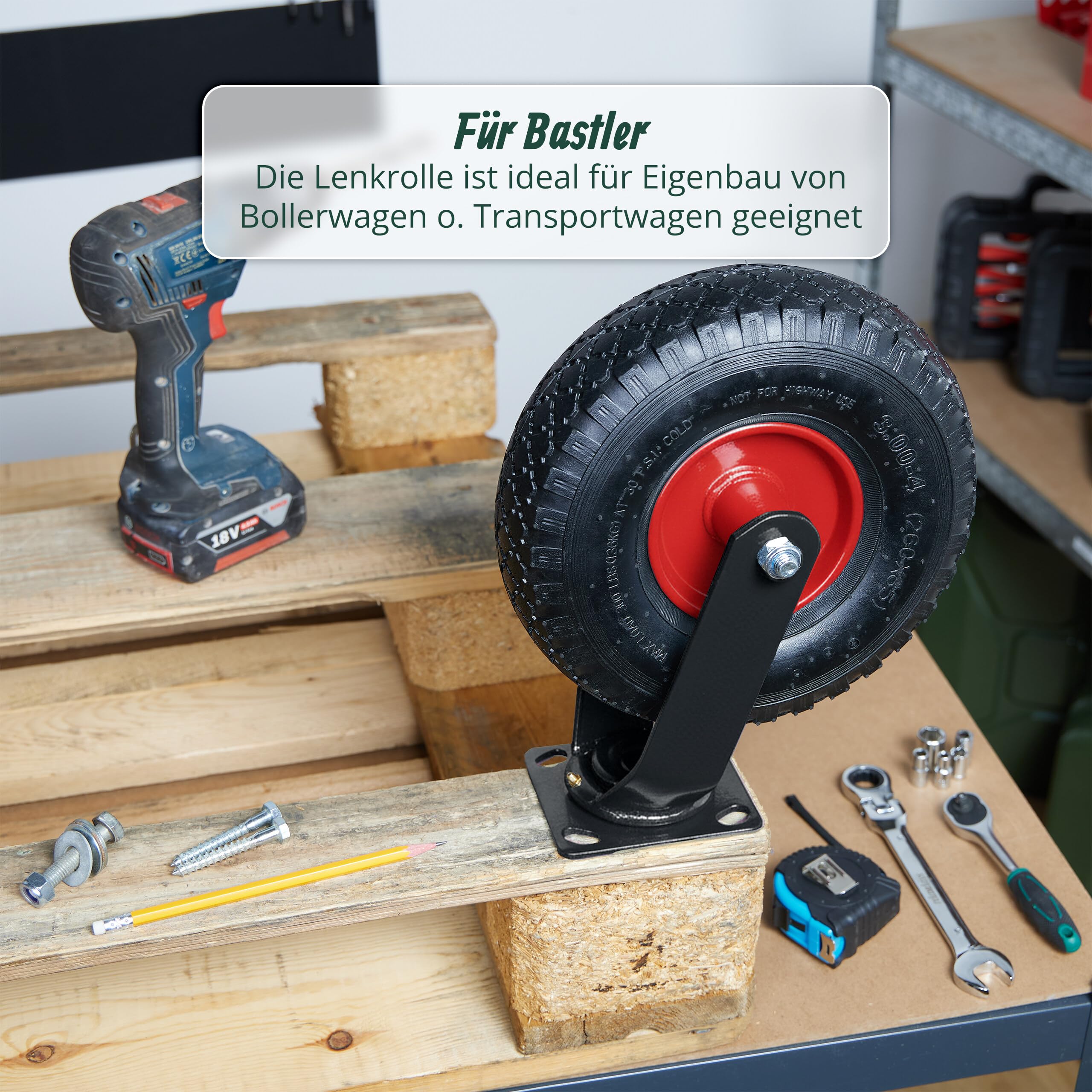Relaxdays Lenkrolle 2er Set, luftbereift, 3.00-4, Schwerlast-Transportrolle, Platte zum Anschrauben, 120 kg, schwarz-rot