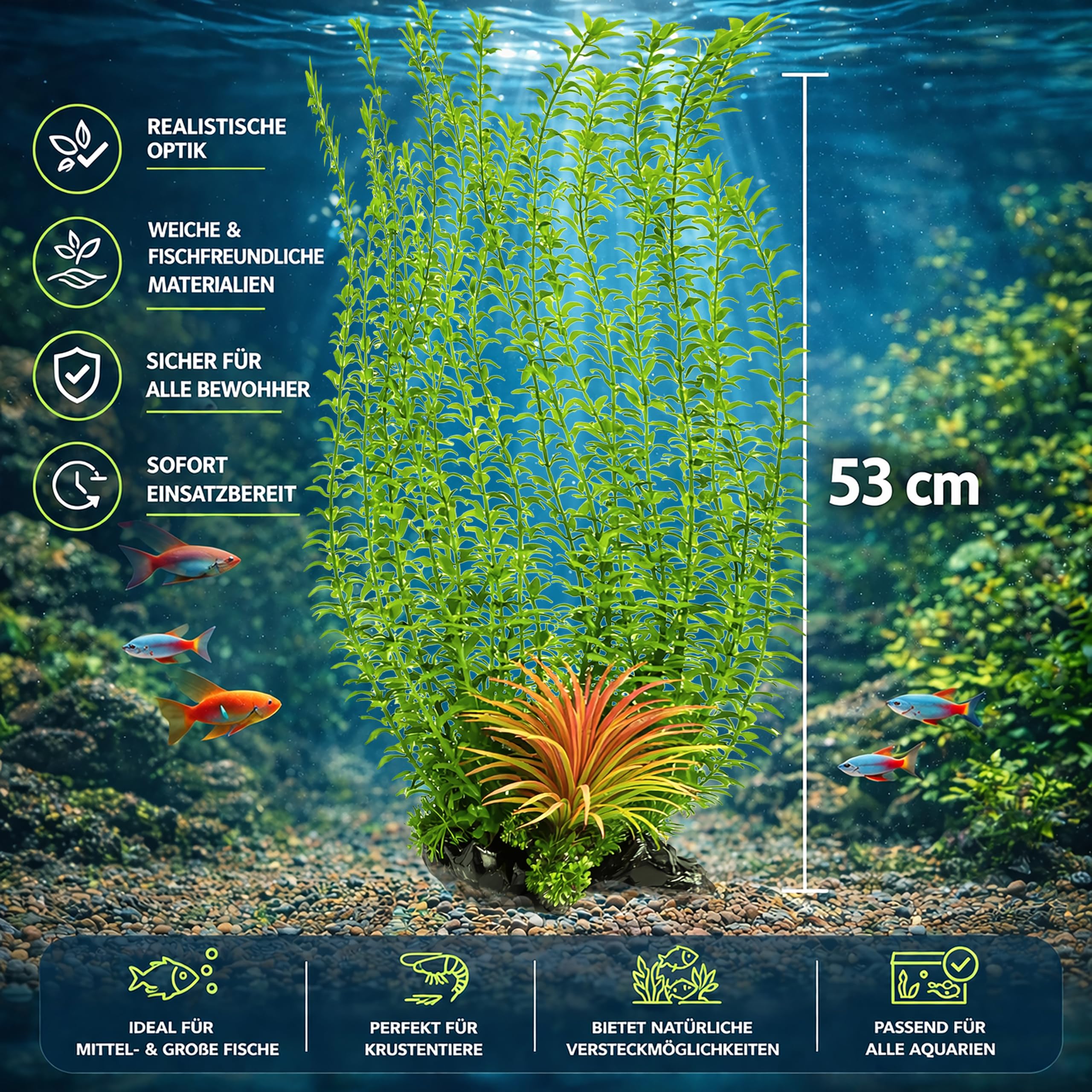 Aquarium Pflanzen künstlich 53 cm – Große Künstliche Aquariumpflanze, realistische Wasserpflanze für Aquarium Dekoration & Aquascaping, mit Tonbasis, pflegeleicht, naturgetreu, Süß- & Meerwasser